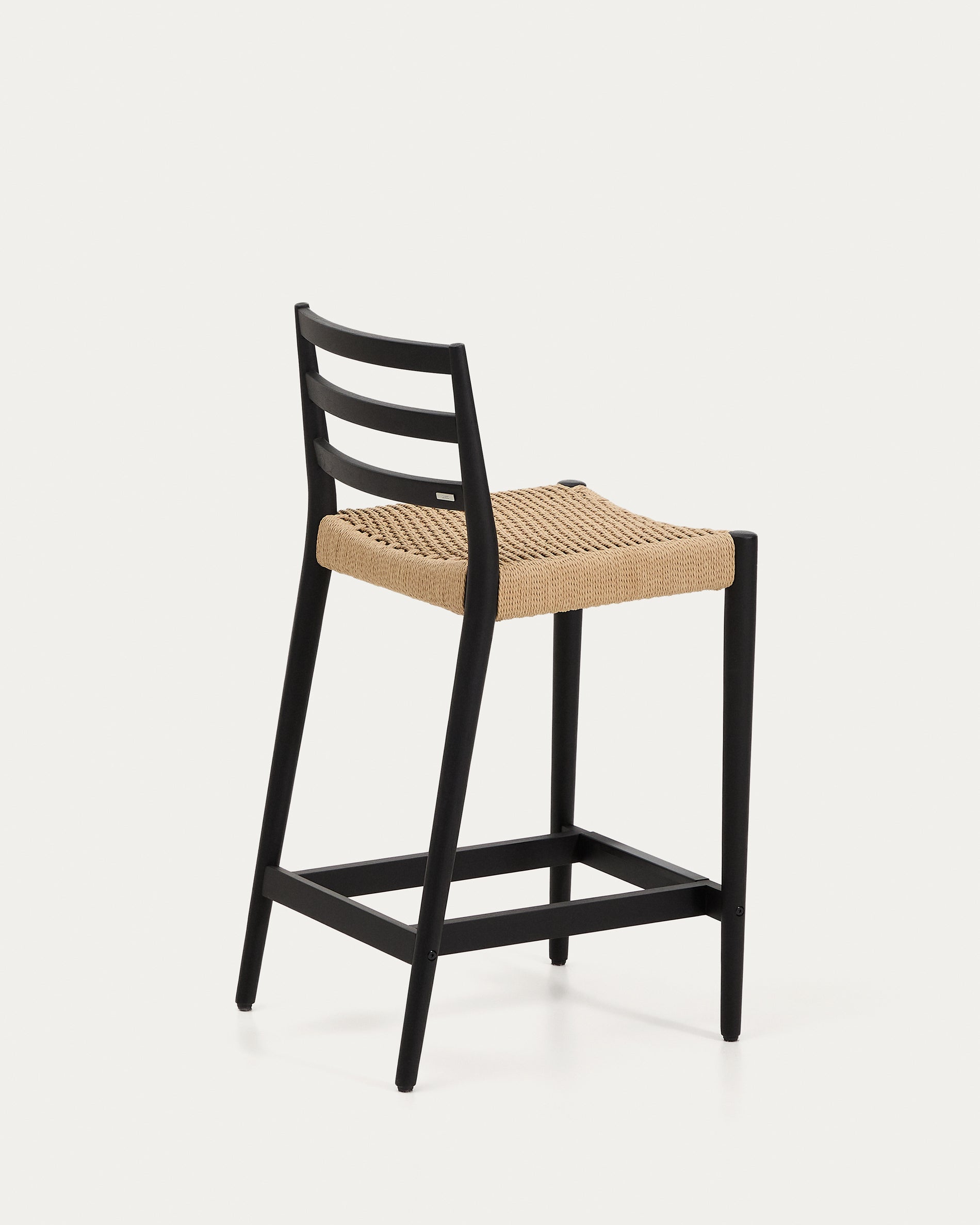 Analy stool with a backrest in solid oak wood in a black finish and rope cord seat, 65 cm, FSC 100% - Product View