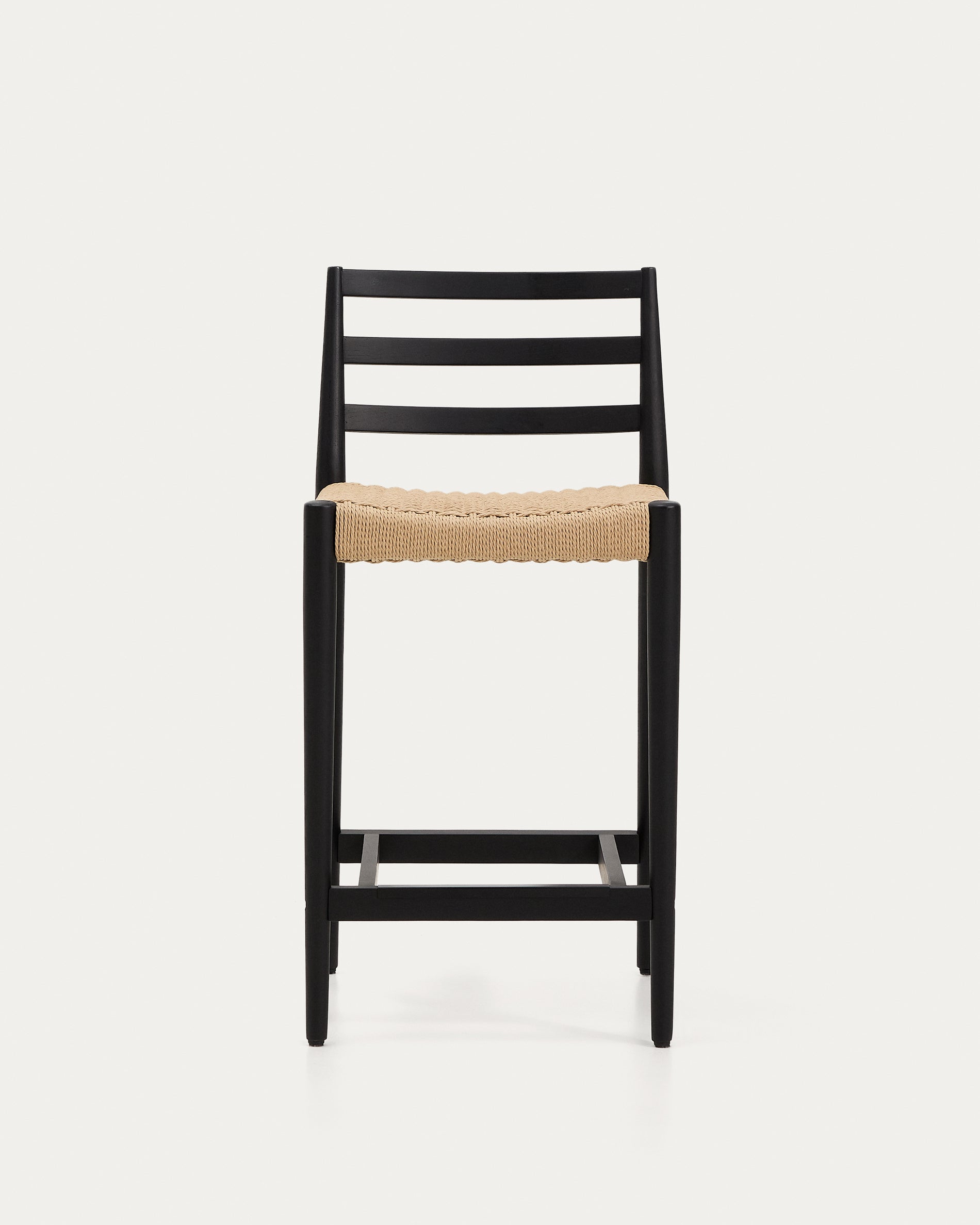 Analy stool with a backrest in solid oak wood in a black finish and rope cord seat, 65 cm, FSC 100% - Product View