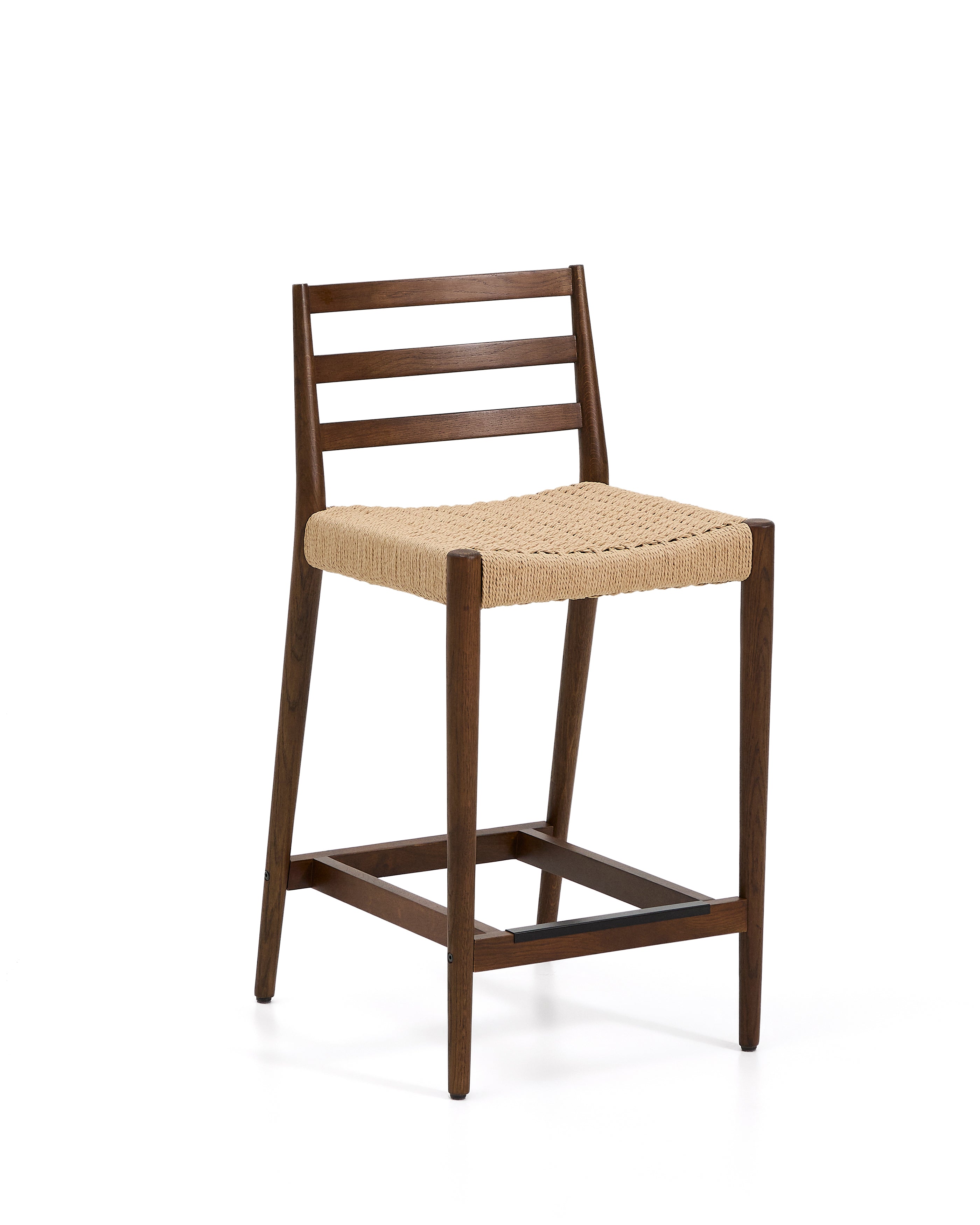 Analy stool with backrest in solid oak wood with walnut-tone finish and rope seat, 65 cm, FSC 100% - Product Image