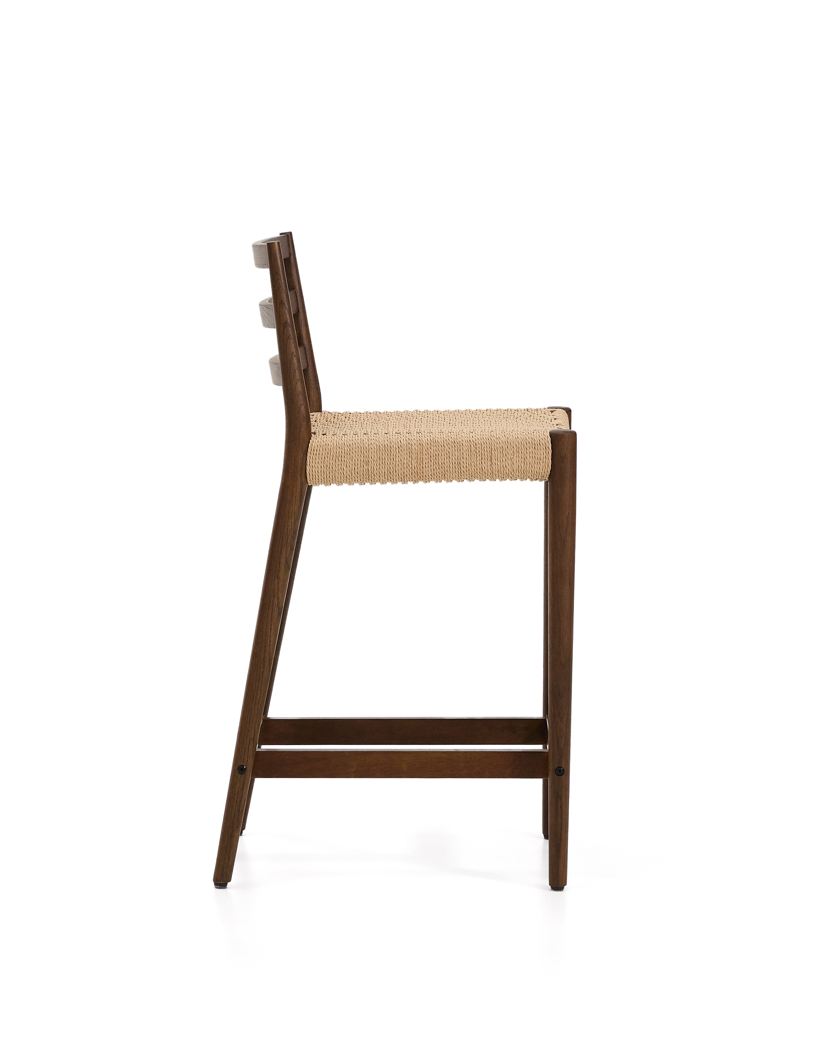Analy stool with backrest in solid oak wood with walnut-tone finish and rope seat, 65 cm, FSC 100% - Product Image