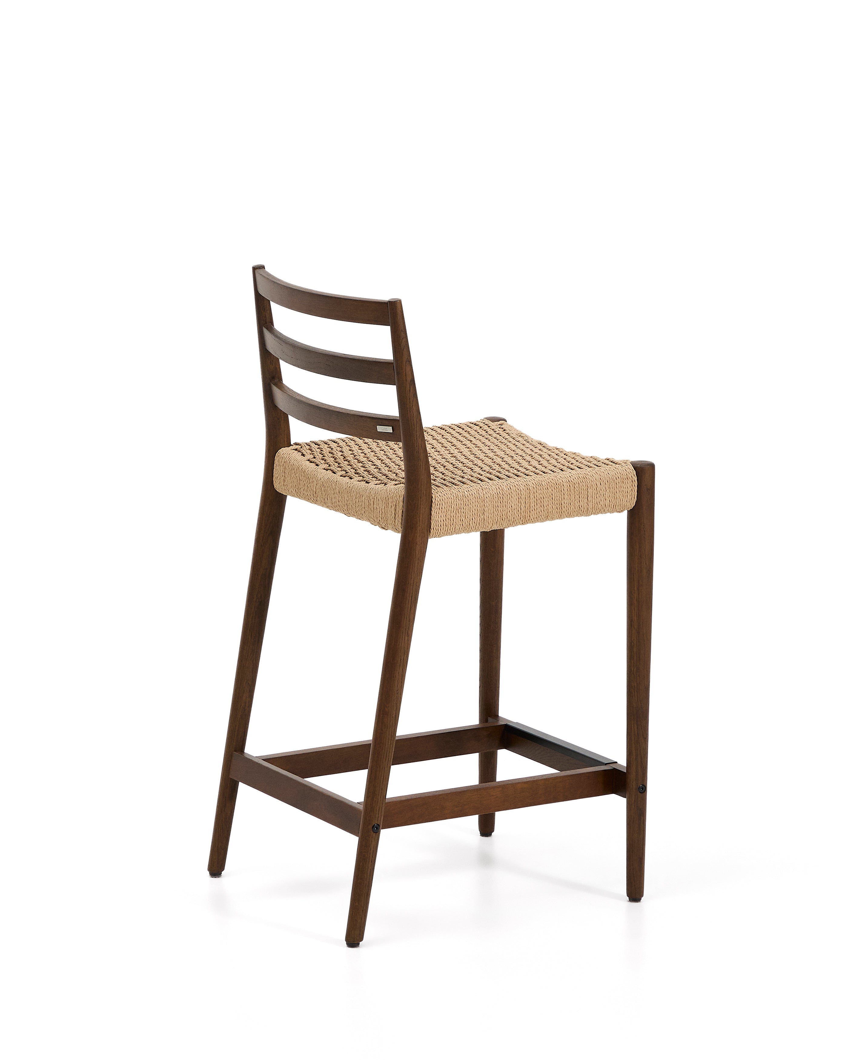 Analy stool with backrest in solid oak wood with walnut-tone finish and rope seat, 65 cm, FSC 100% - Product Image