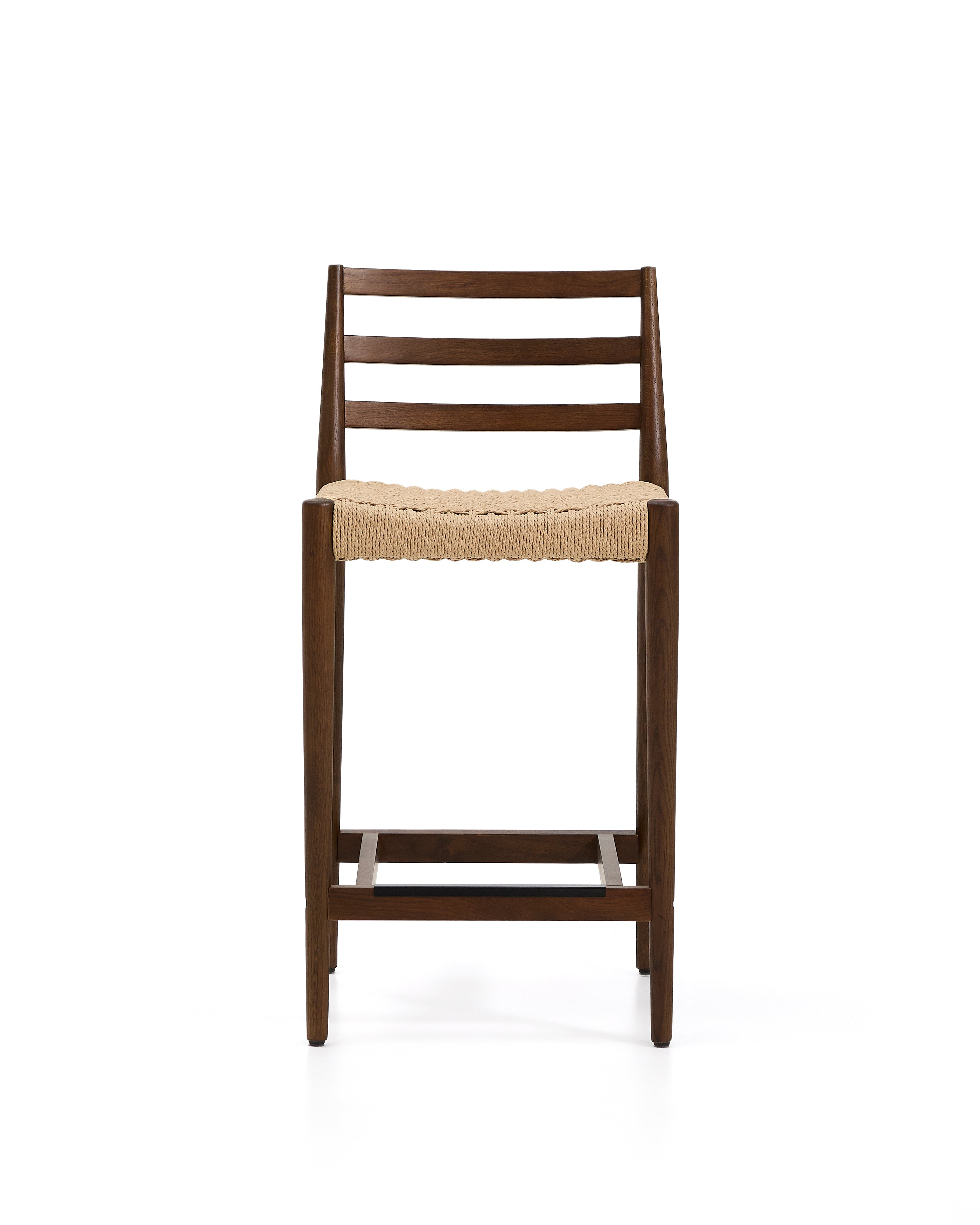 Analy stool with backrest in solid oak wood with walnut-tone finish and rope seat, 65 cm, FSC 100% - Product Image