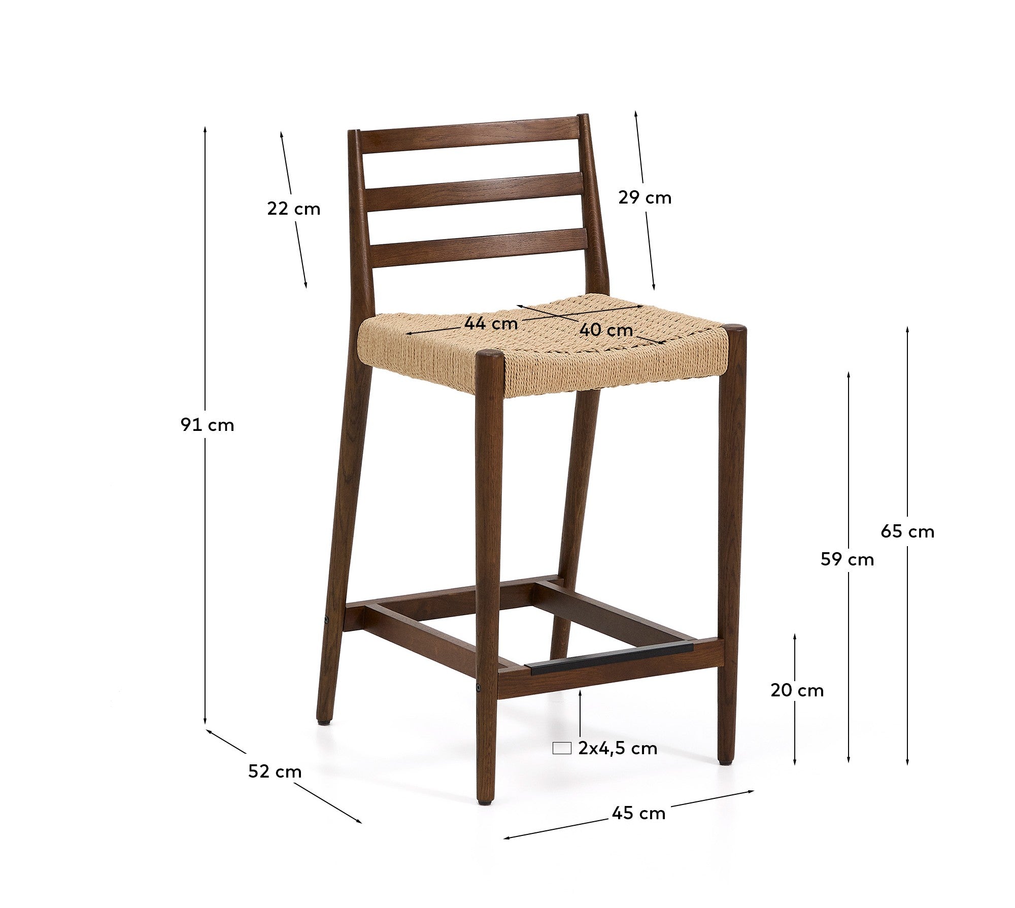 Analy stool with backrest in solid oak wood with walnut-tone finish and rope seat, 65 cm, FSC 100% - Measurements