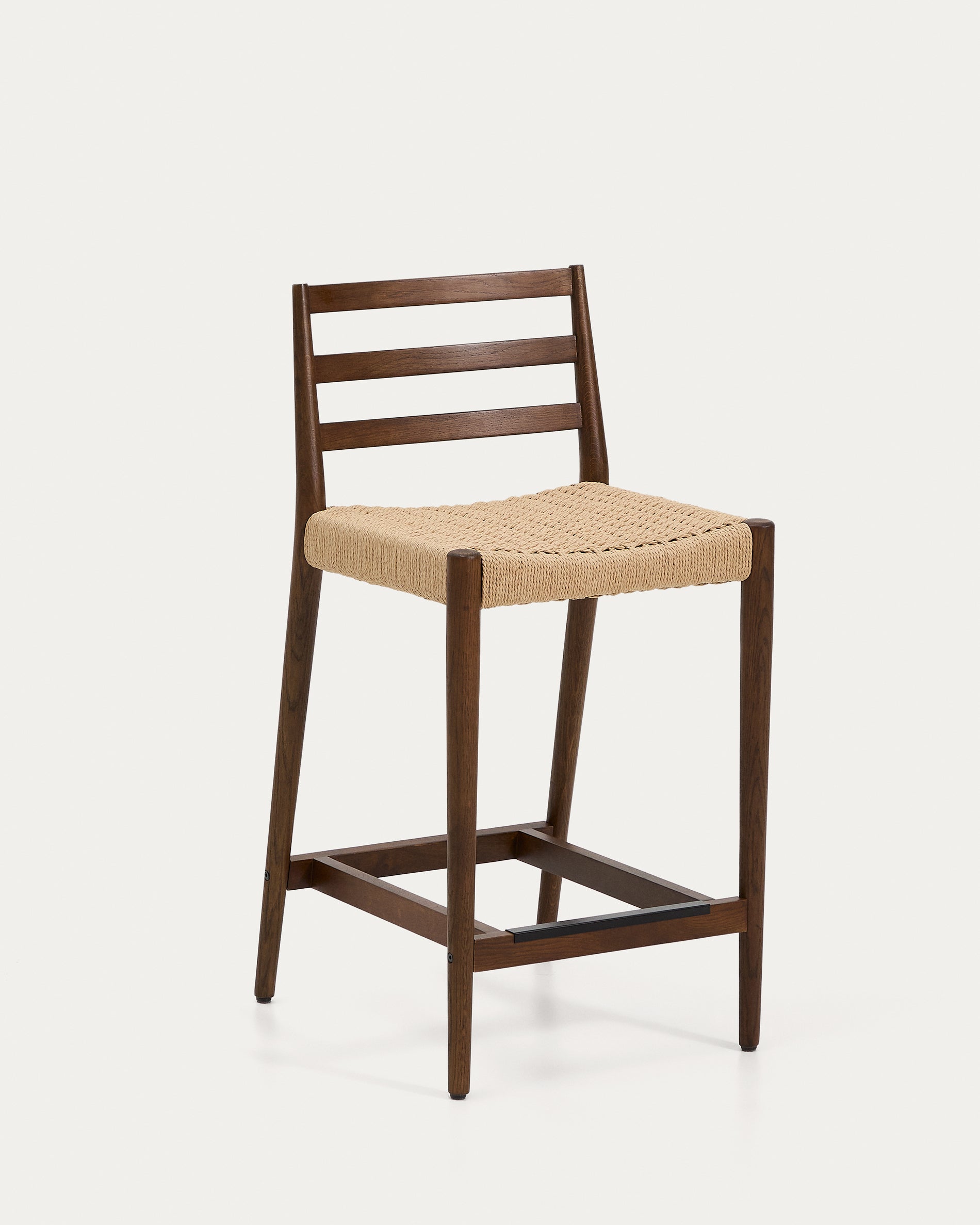 Analy stool with backrest in solid oak wood with walnut-tone finish and rope seat, 65 cm, FSC 100% - Product View