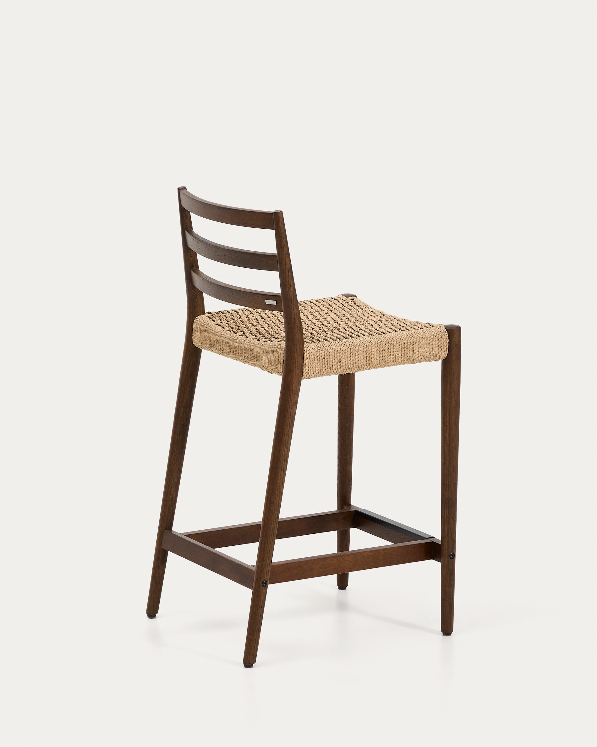 Analy stool with backrest in solid oak wood with walnut-tone finish and rope seat, 65 cm, FSC 100% - Product View