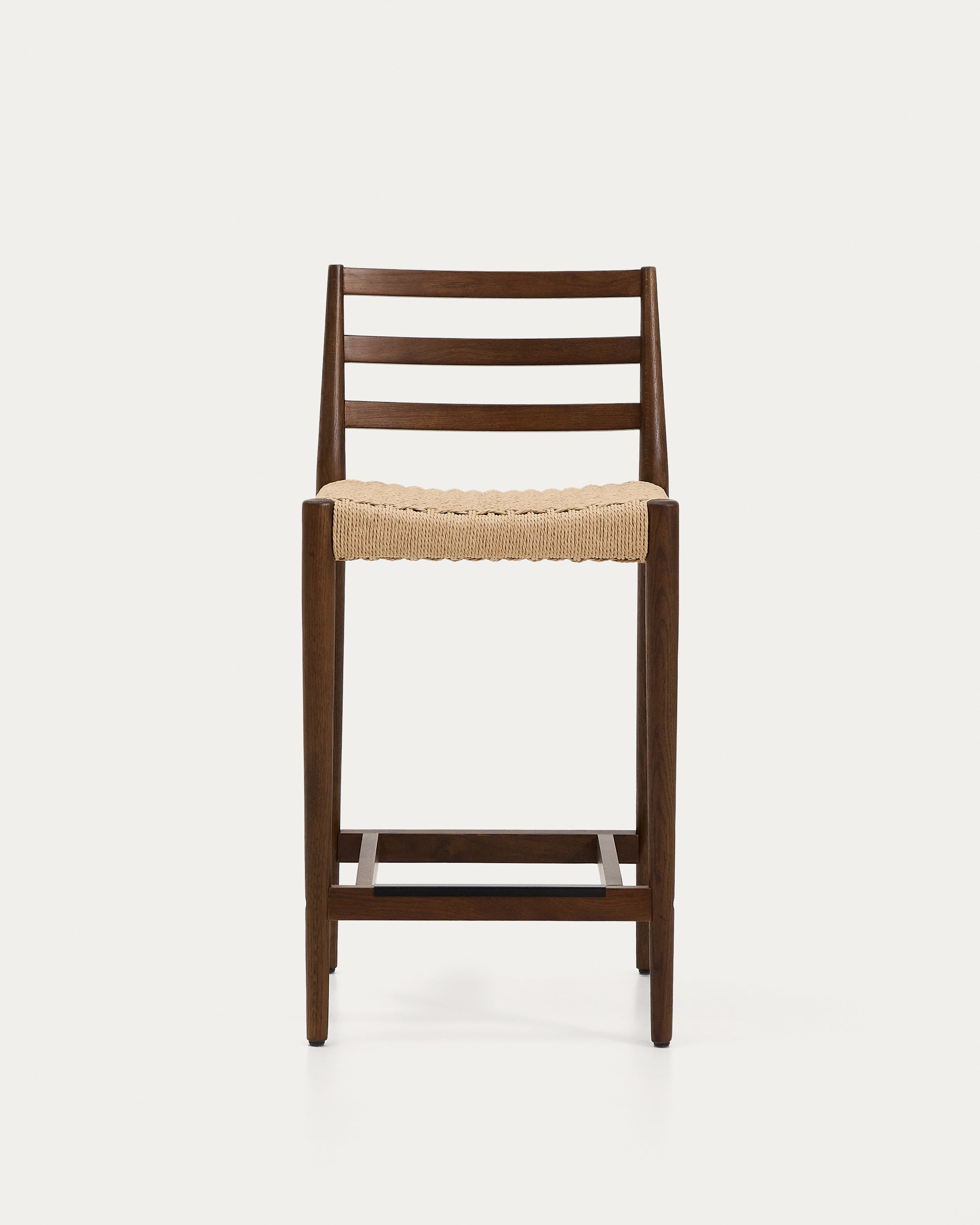 Analy stool with backrest in solid oak wood with walnut-tone finish and rope seat, 65 cm, FSC 100% - Product View