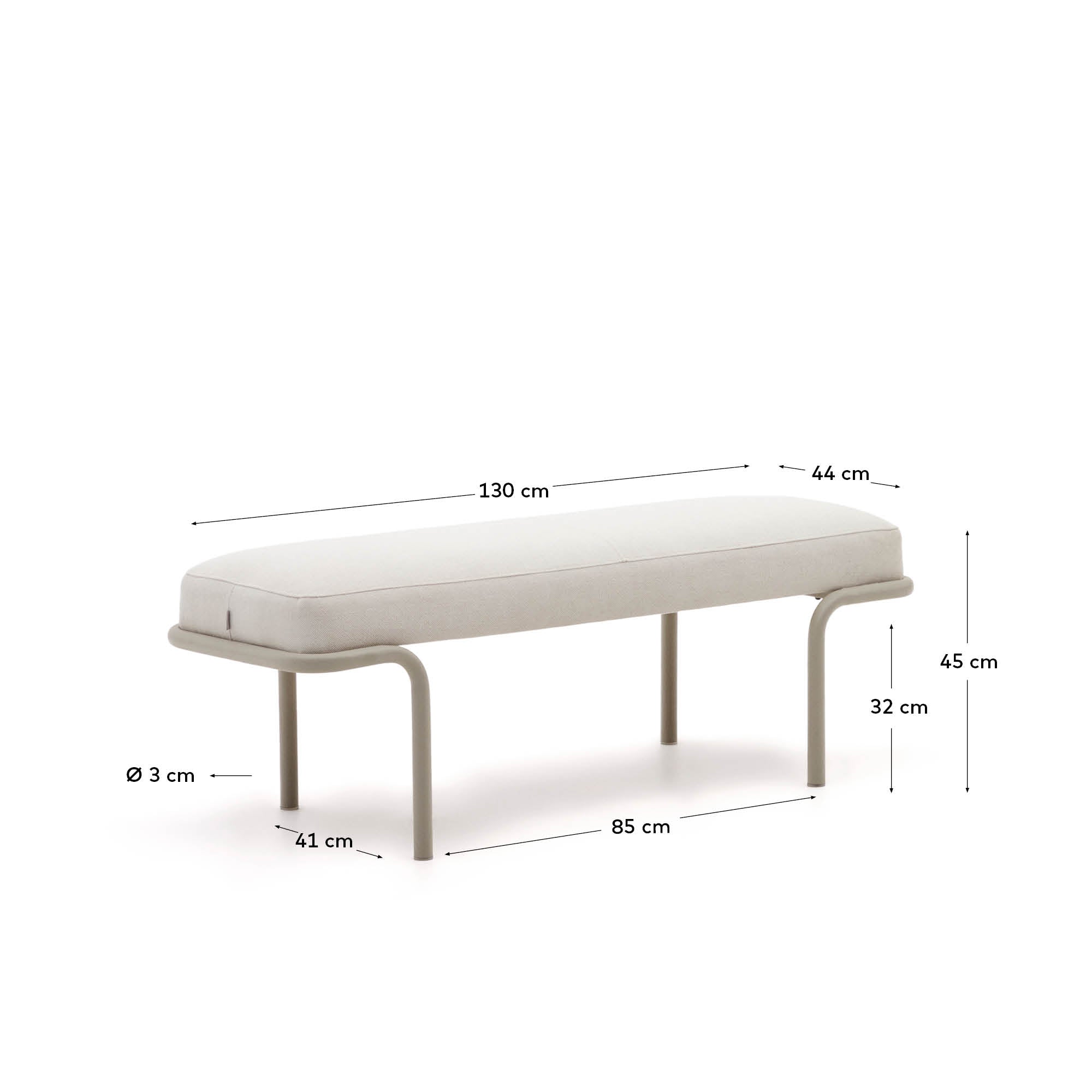 Compo bench in beige chenille and beige metal structure, 130 cm - Measurements