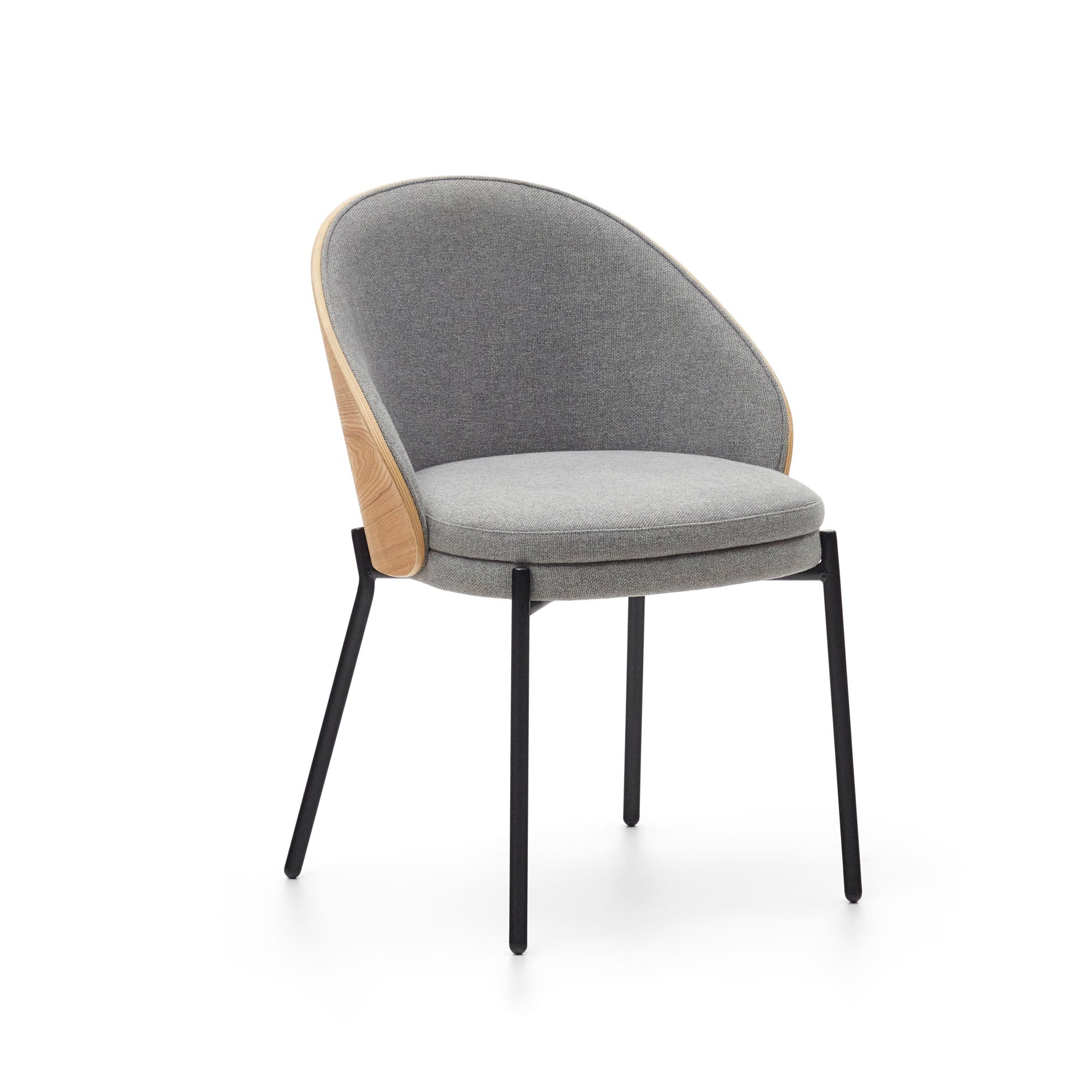 Eamy chair light grey chenille and ash wood veneer with a natural finish and black metal - Product Image