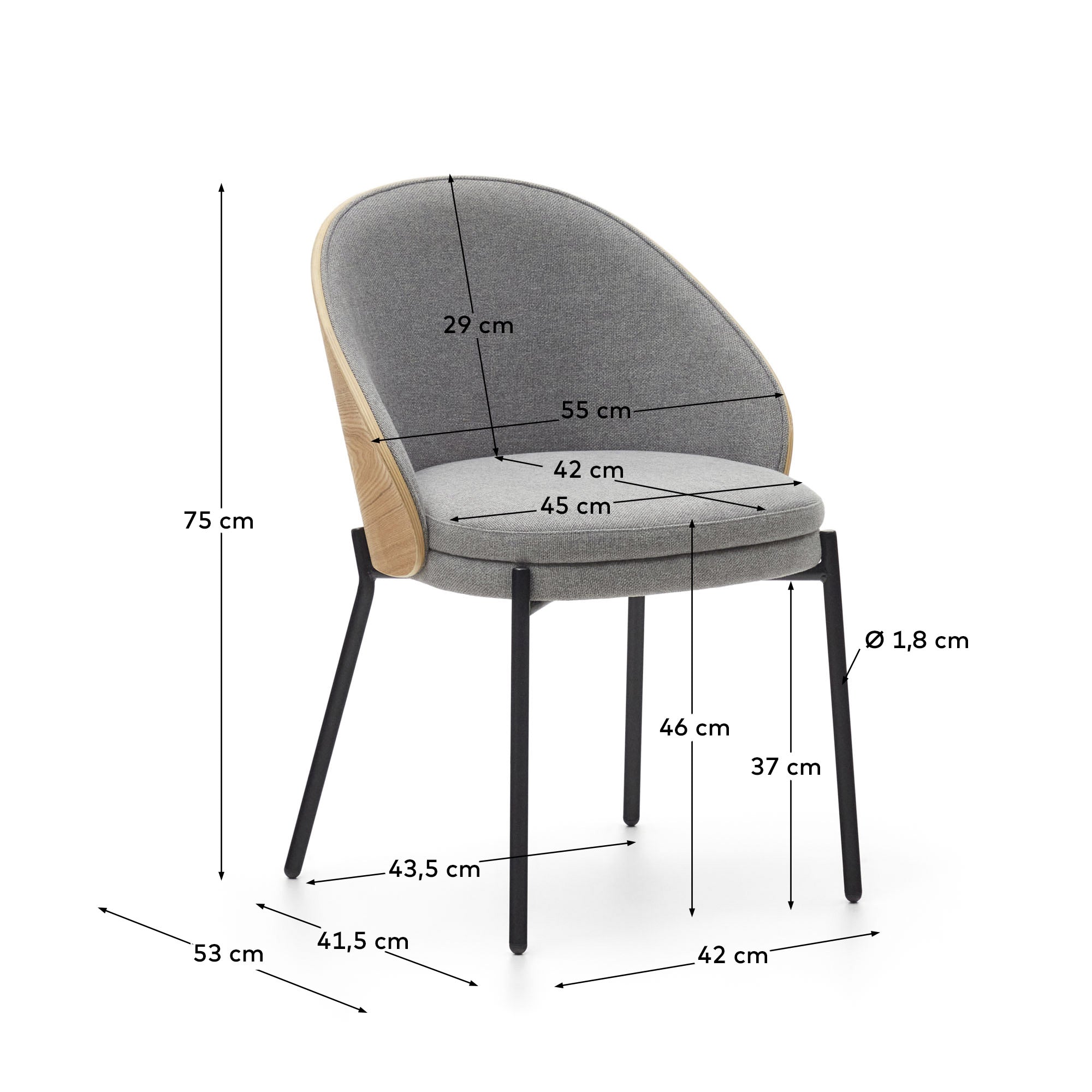 Eamy chair light grey chenille and ash wood veneer with a natural finish and black metal - Measurements