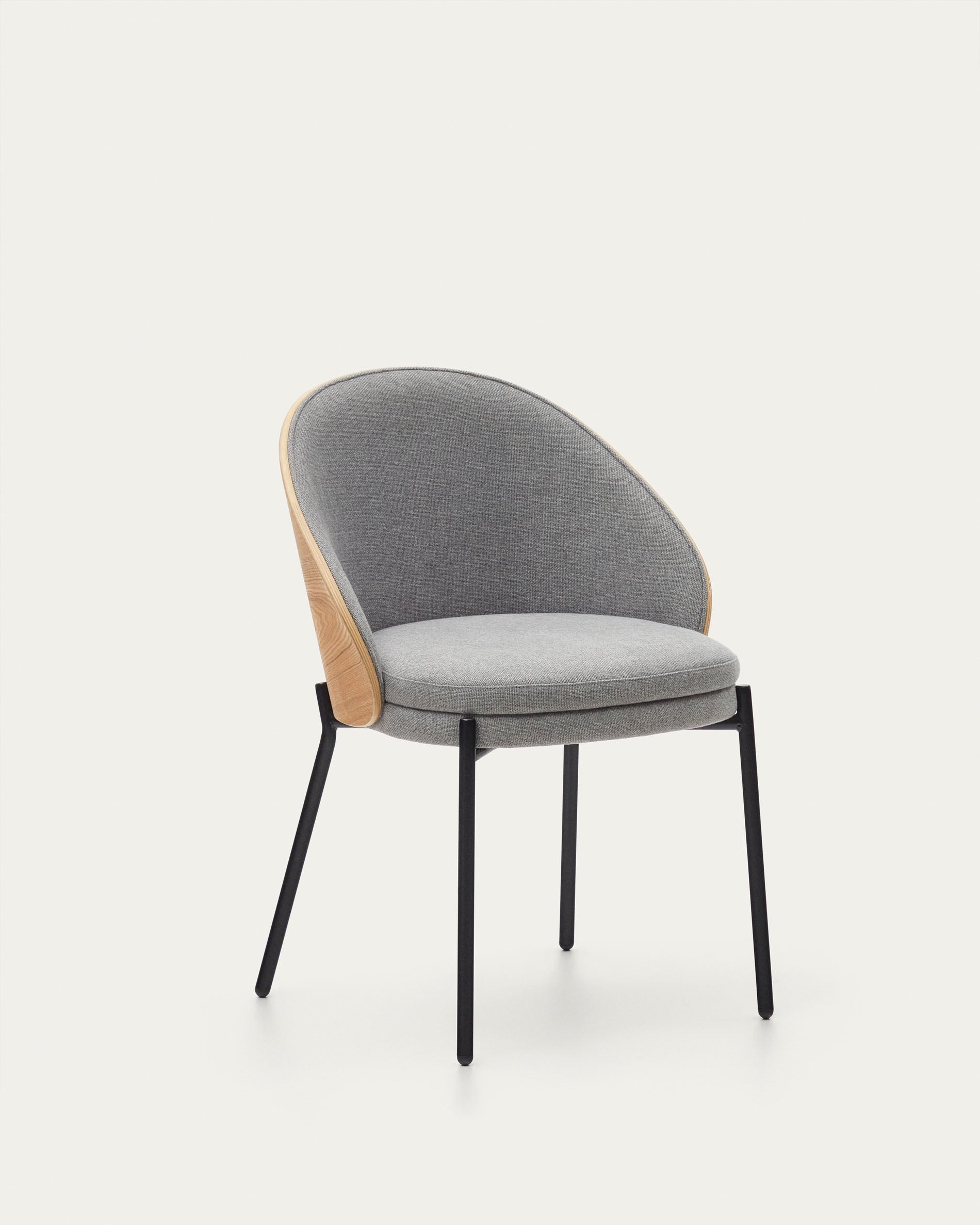 Eamy chair light grey chenille and ash wood veneer with a natural finish and black metal - Product View