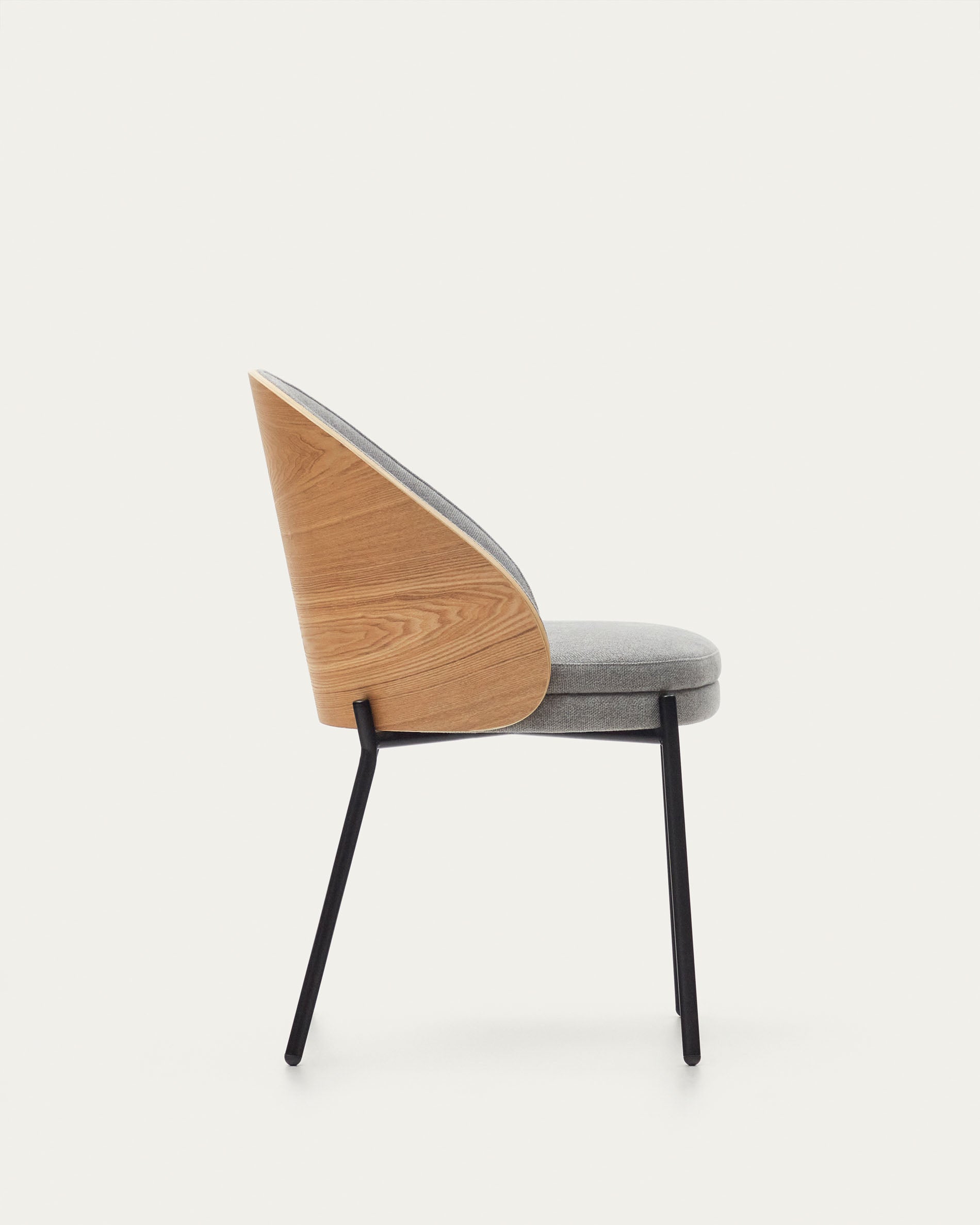 Eamy chair light grey chenille and ash wood veneer with a natural finish and black metal - Product View