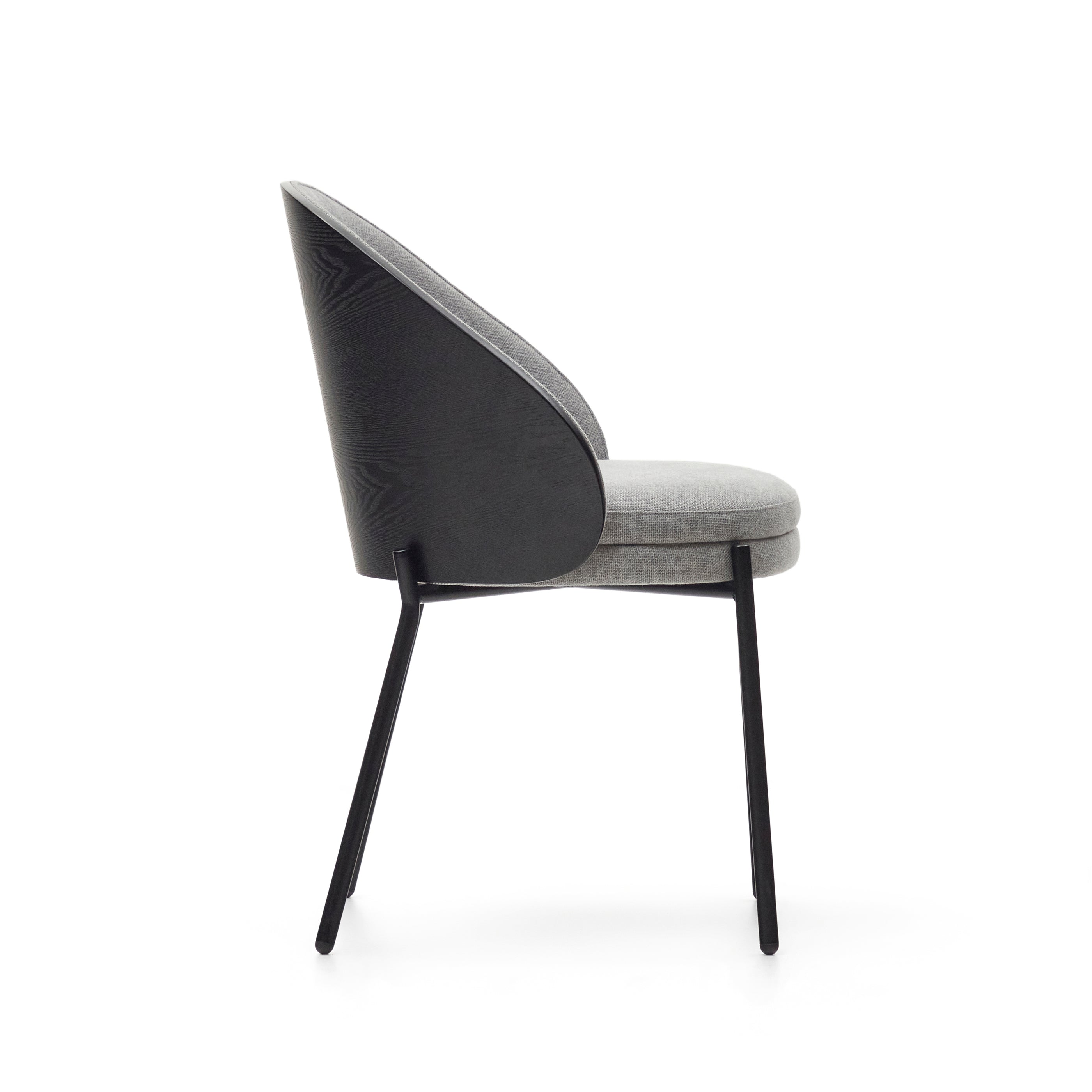 Eamy chair light grey chenilla and ash wood veneer with a black finish and black metal - Product Image