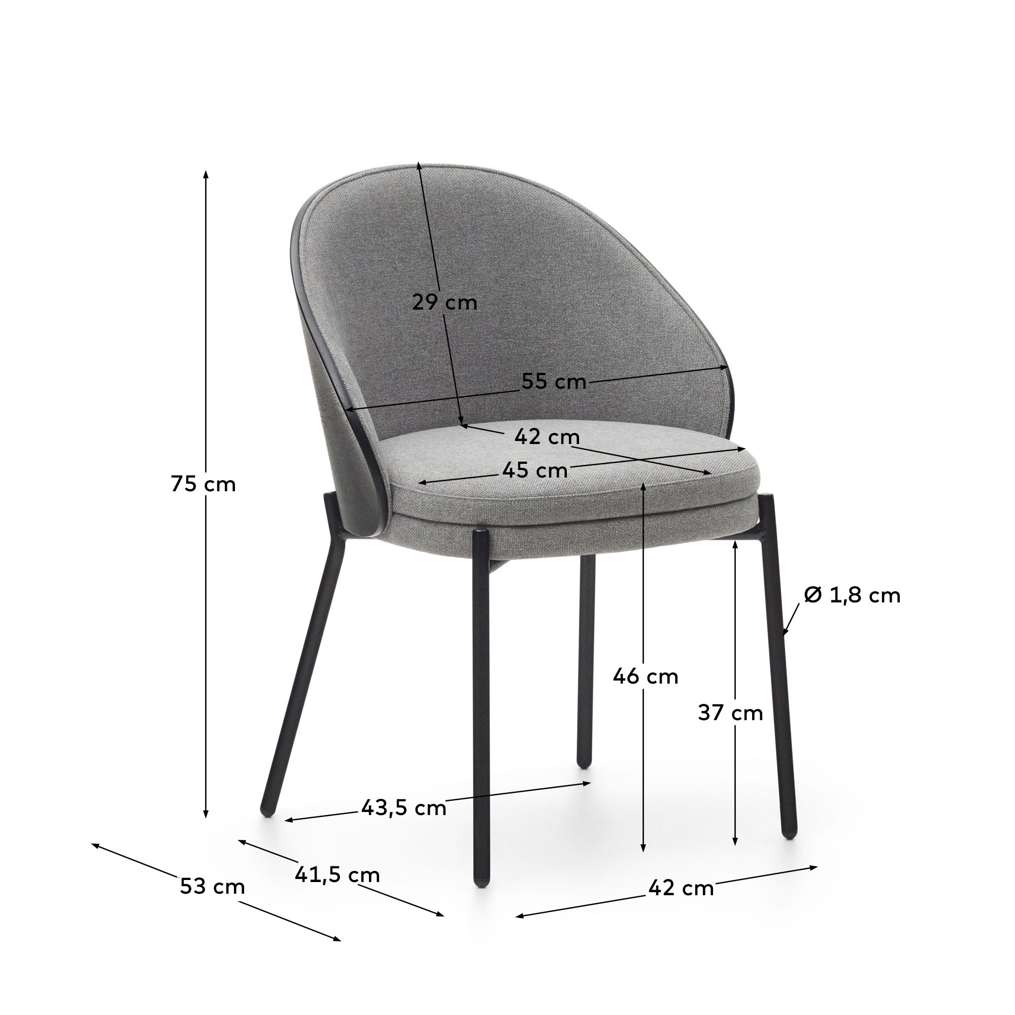 Eamy chair light grey chenilla and ash wood veneer with a black finish and black metal - Measurements