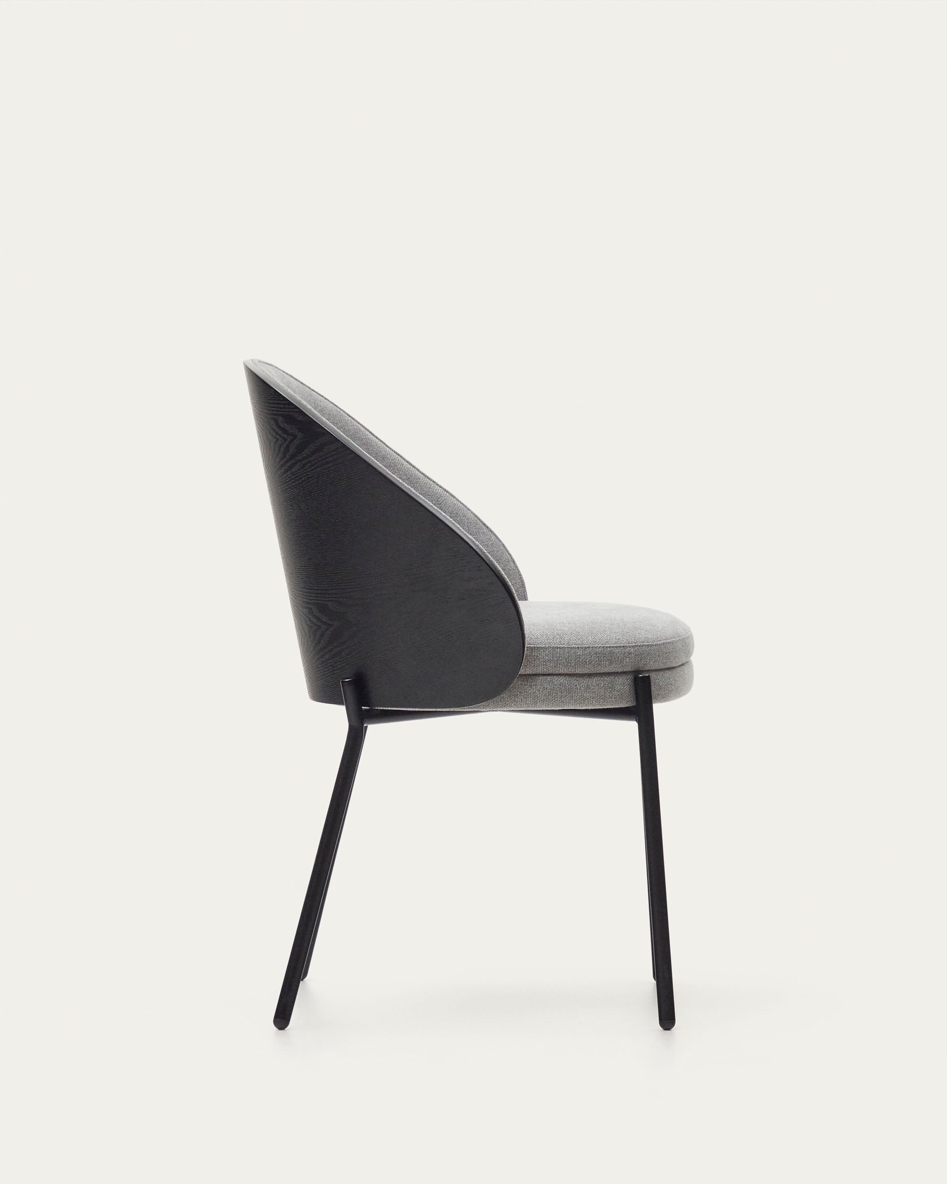 Eamy chair light grey chenilla and ash wood veneer with a black finish and black metal - Product View