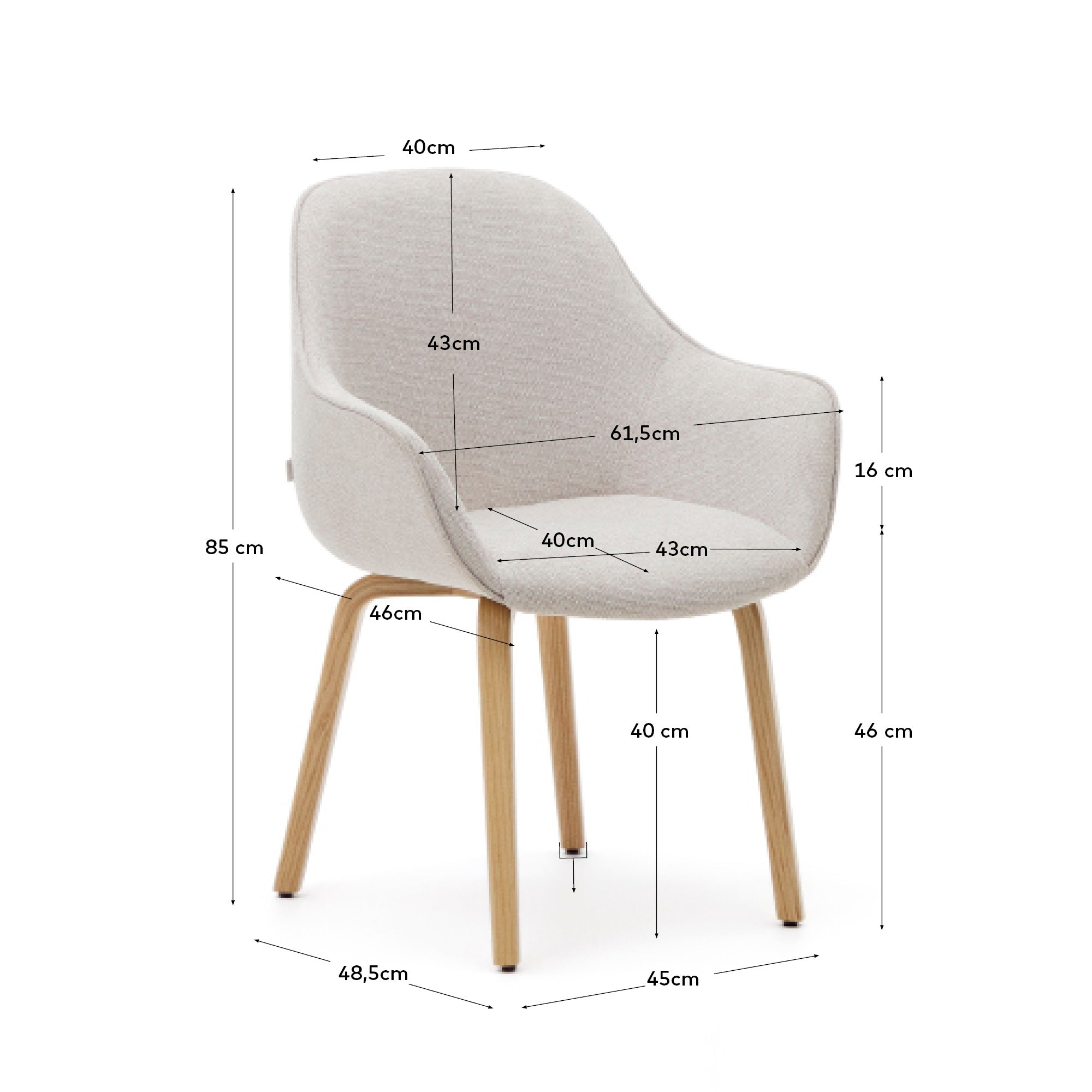 Aleli beige chenille chair with solid ash wood legs and natural finish - Measurements