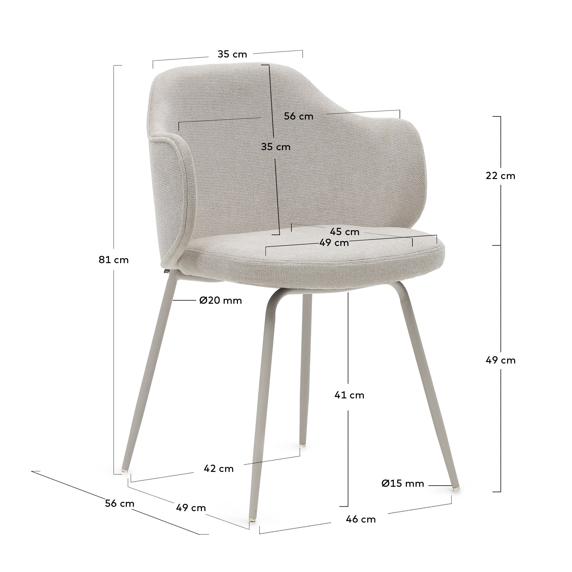 Yunia chair in beige with steel legs in a painted beige finish FSC 100% - Measurements