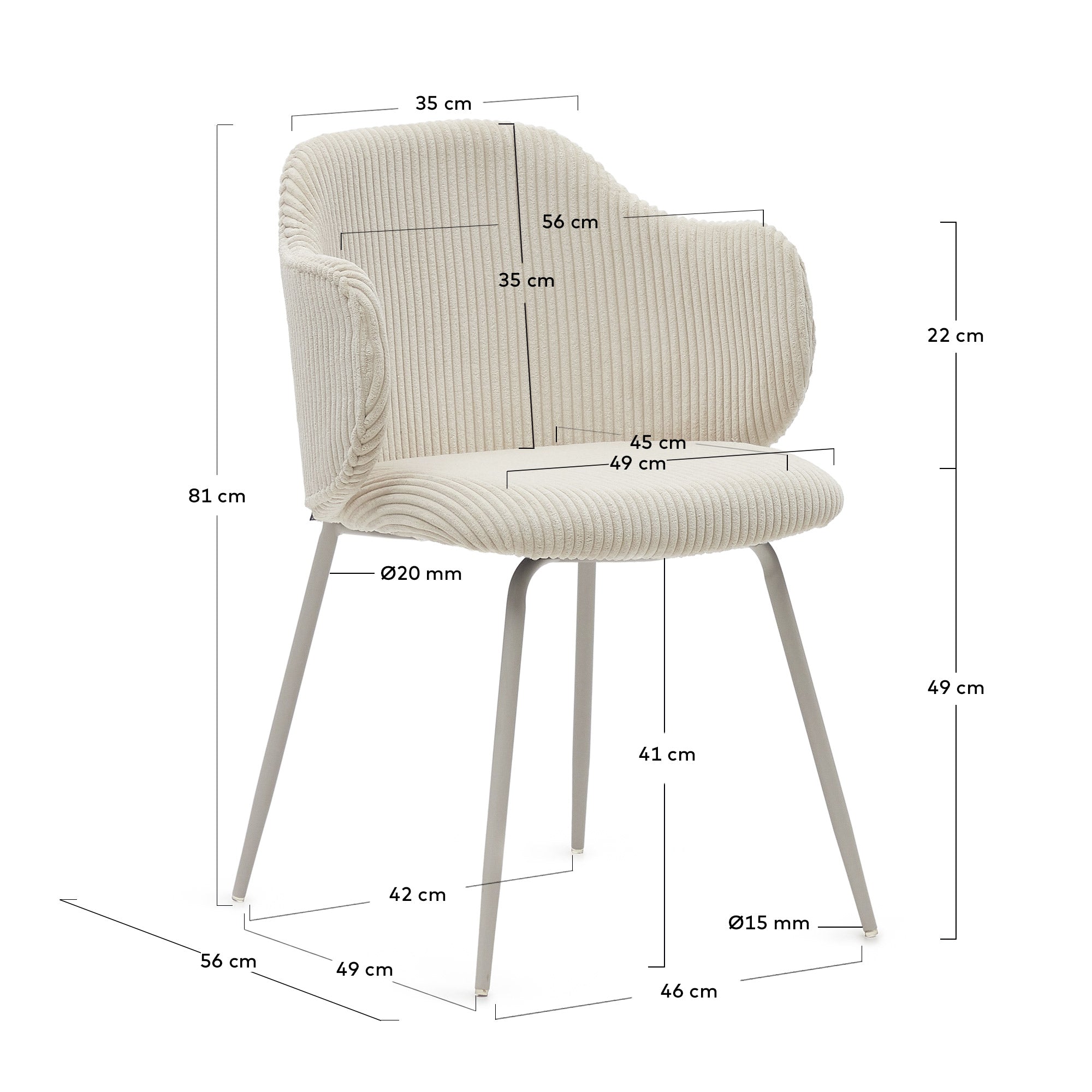 Yunia chair in beige wide seam corduroy with steel legs in a powder coated beige finish FSC 100% - Measurements