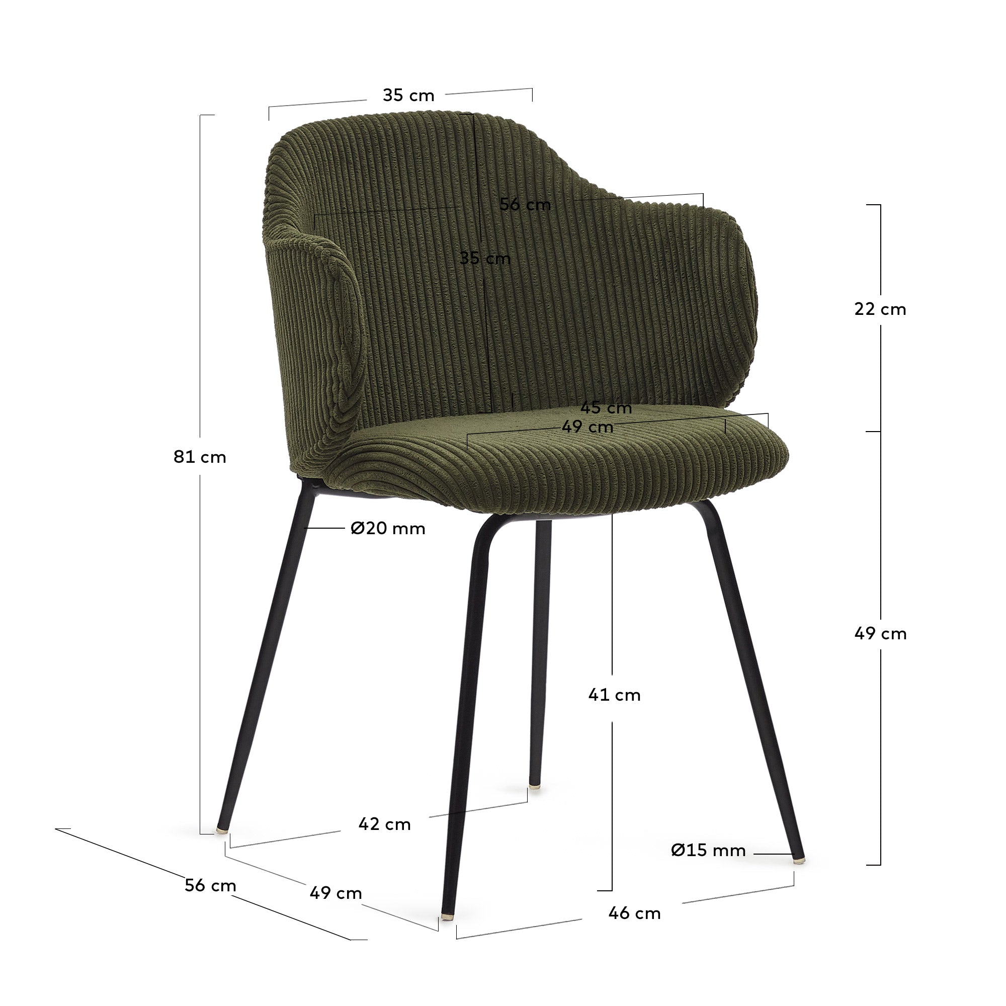 Yunia chair in green wide seam corduroy with steel legs in a painted black finish FR - Measurements