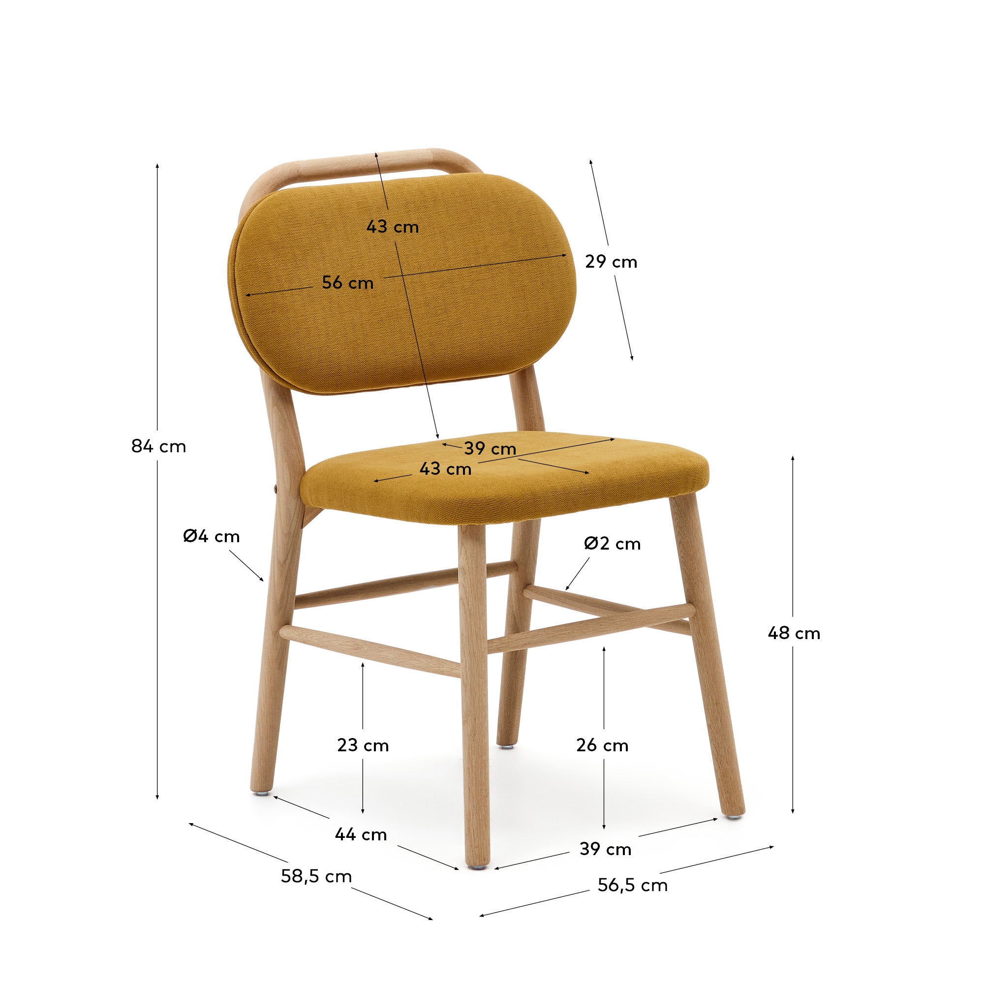 Helda chair in mustard chenille and solid oak wood FSC Mix Credit - Measurements
