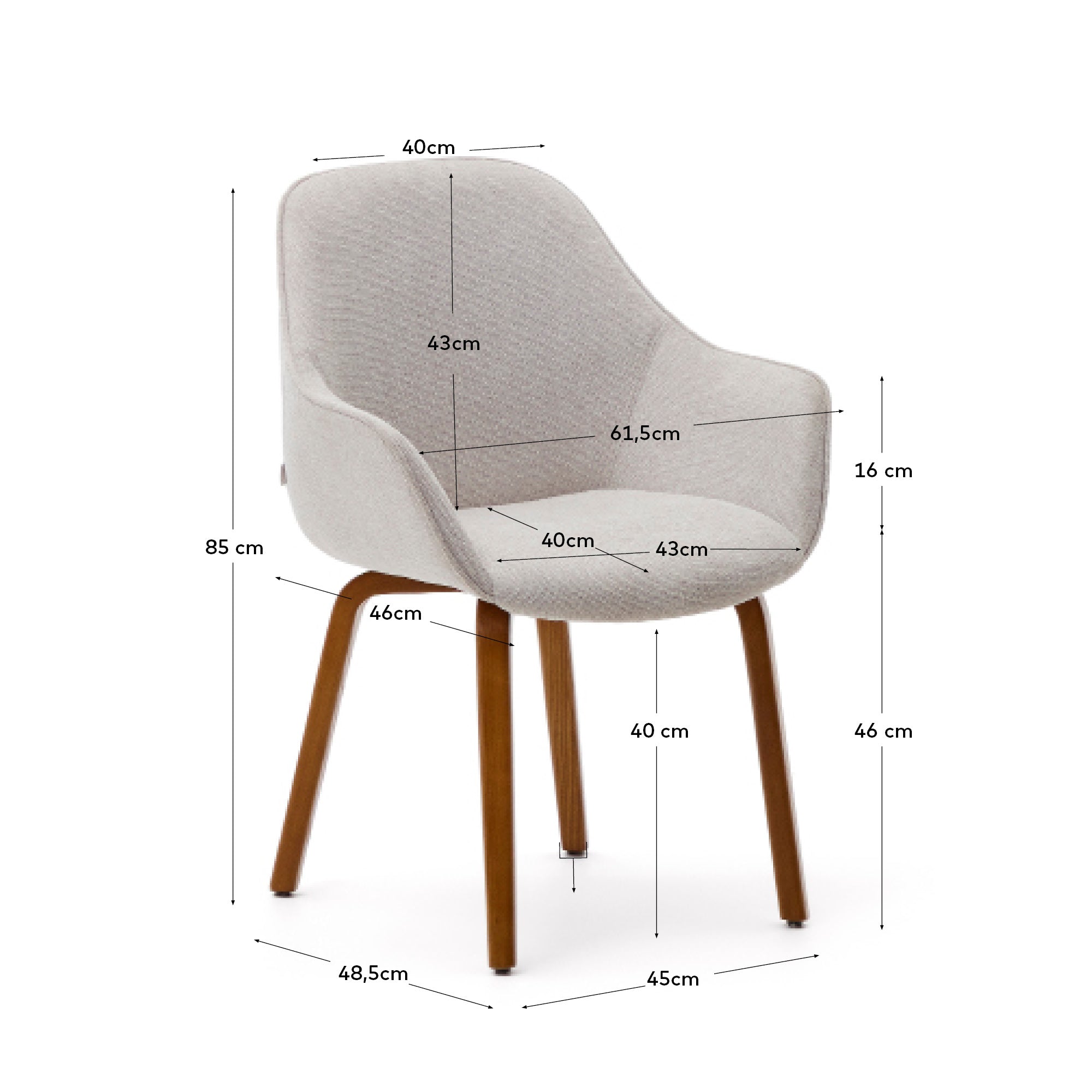 Aleli beige chenille chair with solid ash wood legs and walnut finish - Measurements