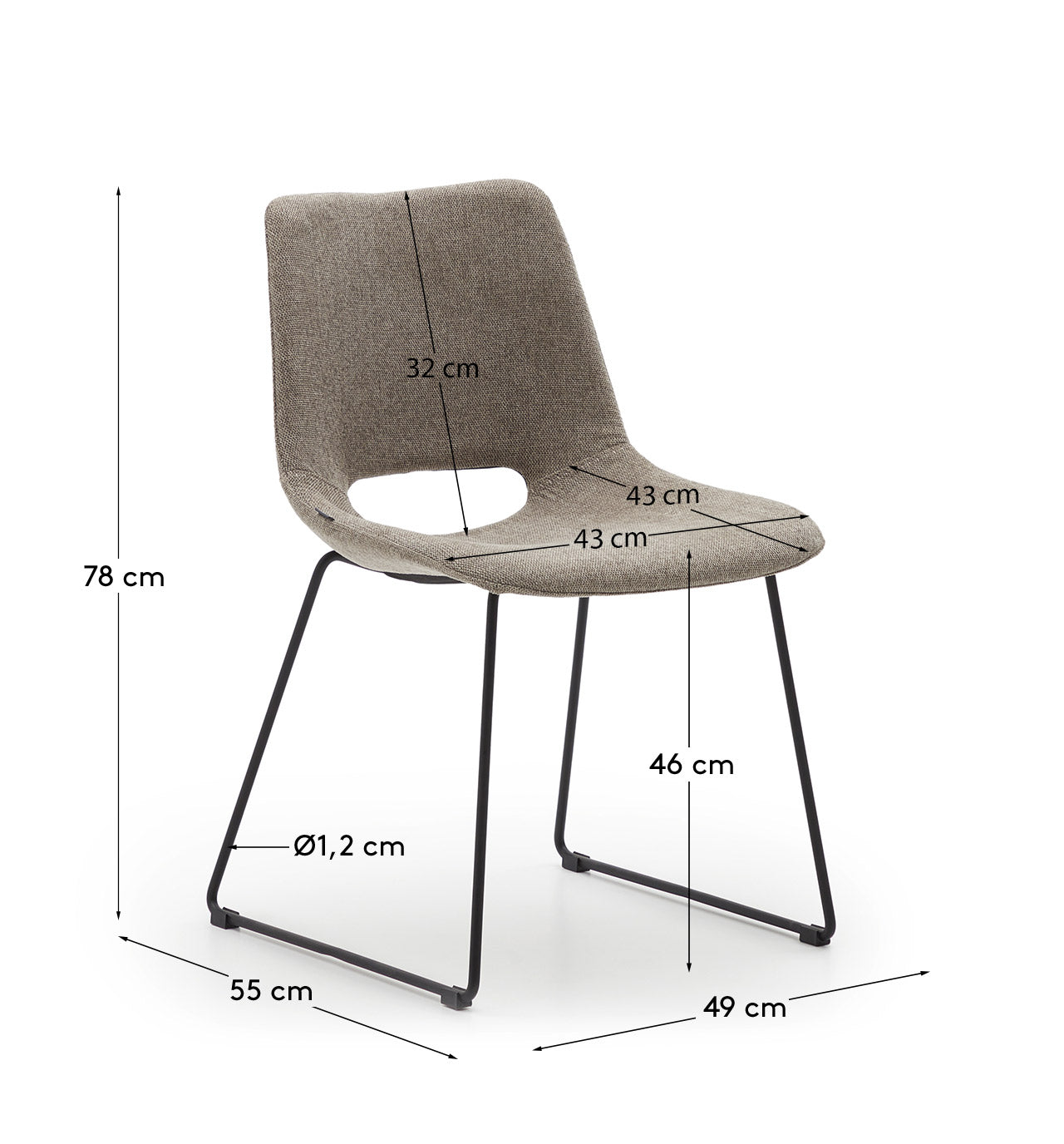 Zahara chair in brown with steel legs in a black finish - Measurements