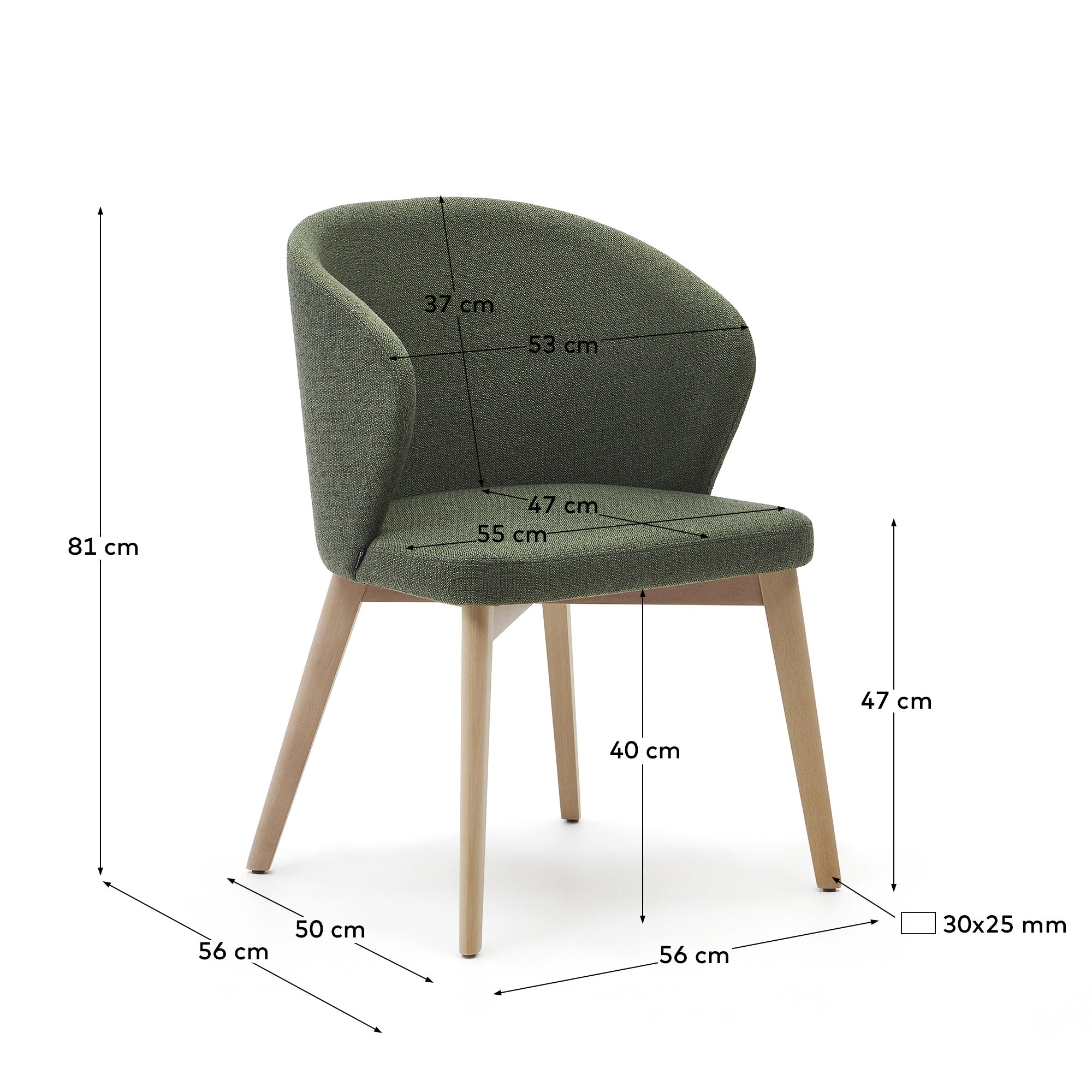 Darice chair in green chenille and solid beech wood in a natural finish FSC 100% - Measurements
