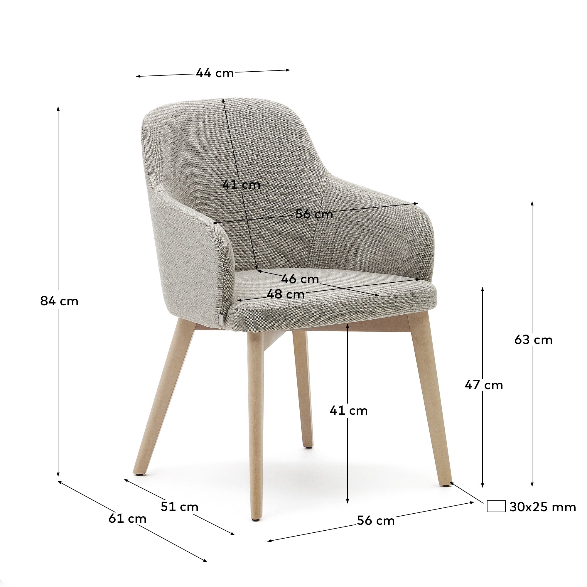Nelida chair in brown chenille and solid beech wood in a natural finish FSC 100% - Measurements