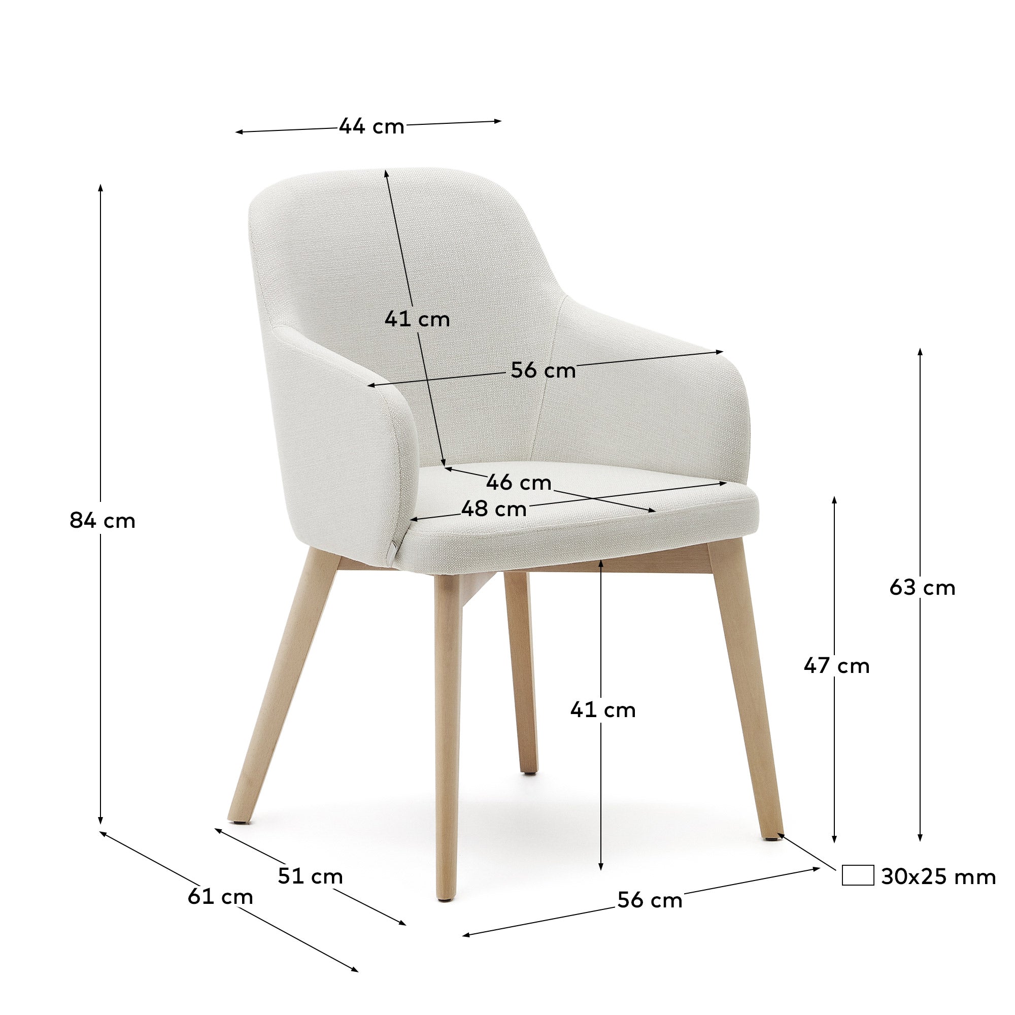 Nelida chair in beige chenille and solid beech wood in a natural finish FSC 100% - Measurements