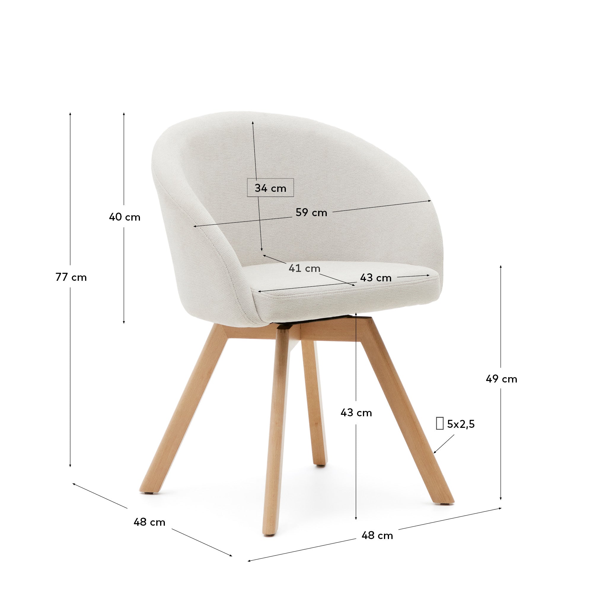 Marvin beige chenille swivel chair with solid beech wood legs in a natural finish FSC 100% - Measurements