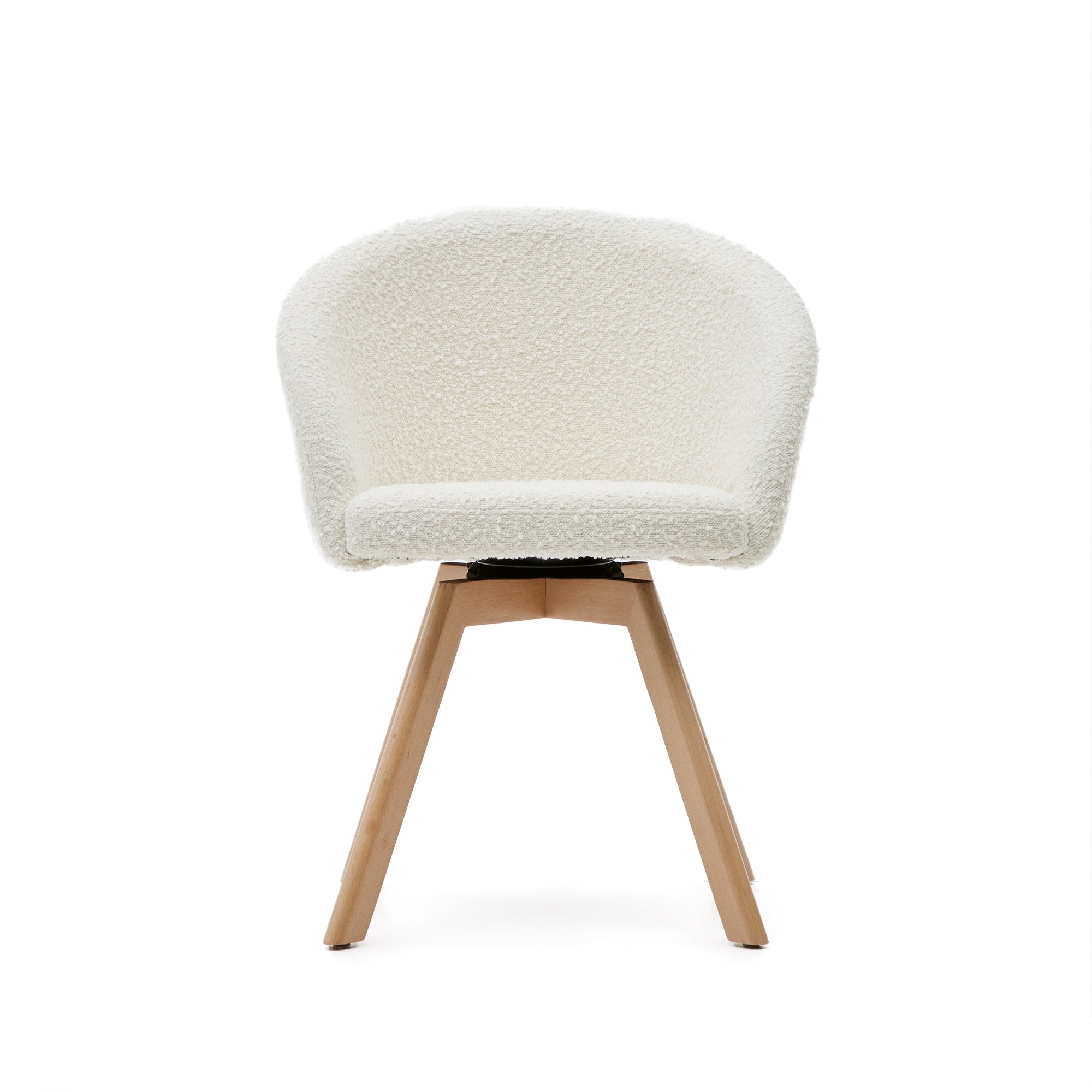 Marvin swivel chair in white bouclé with solid beech wood legs in a natural finish