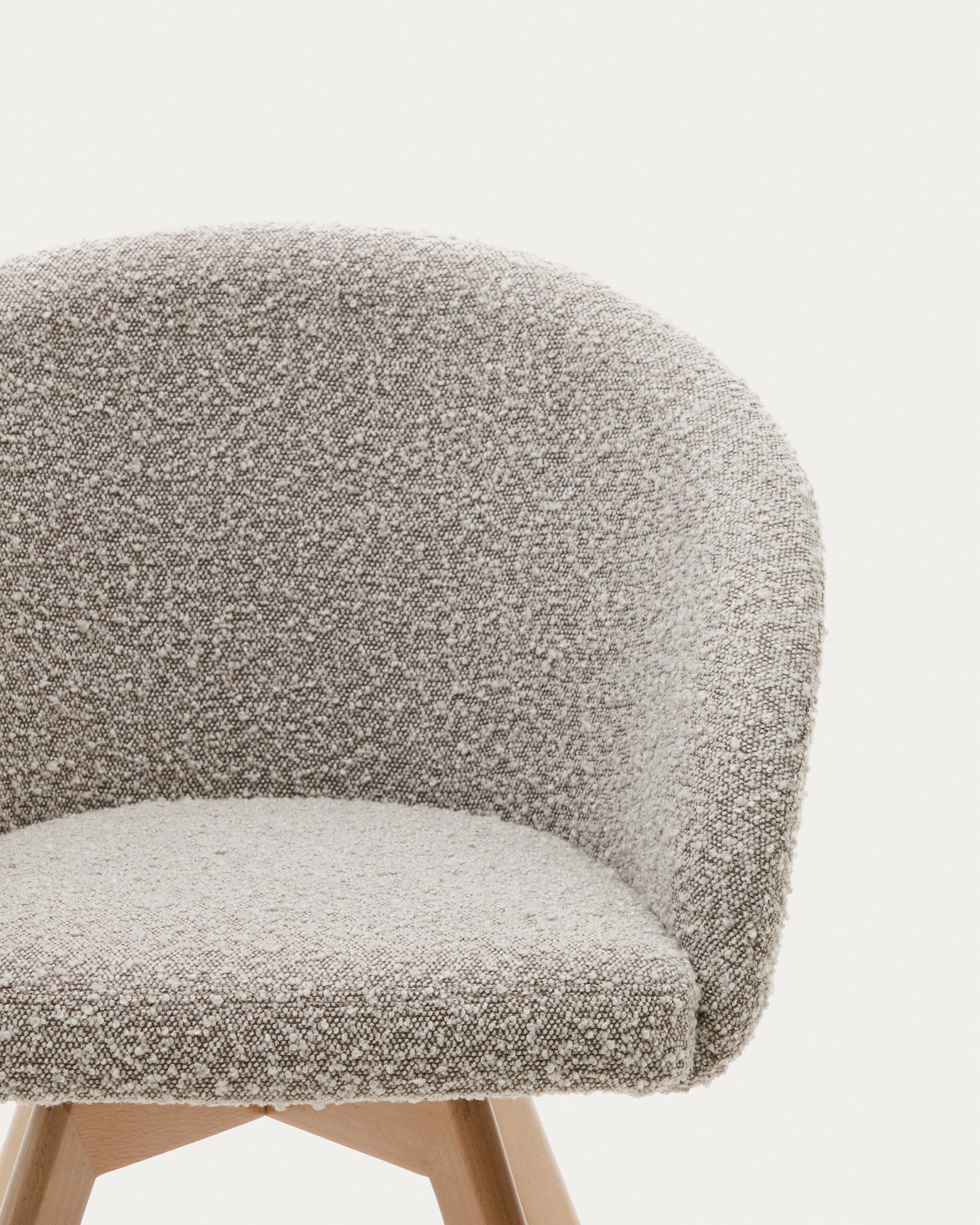 Marvin swivel chair with gray bouclé and natural finish beech wood legs