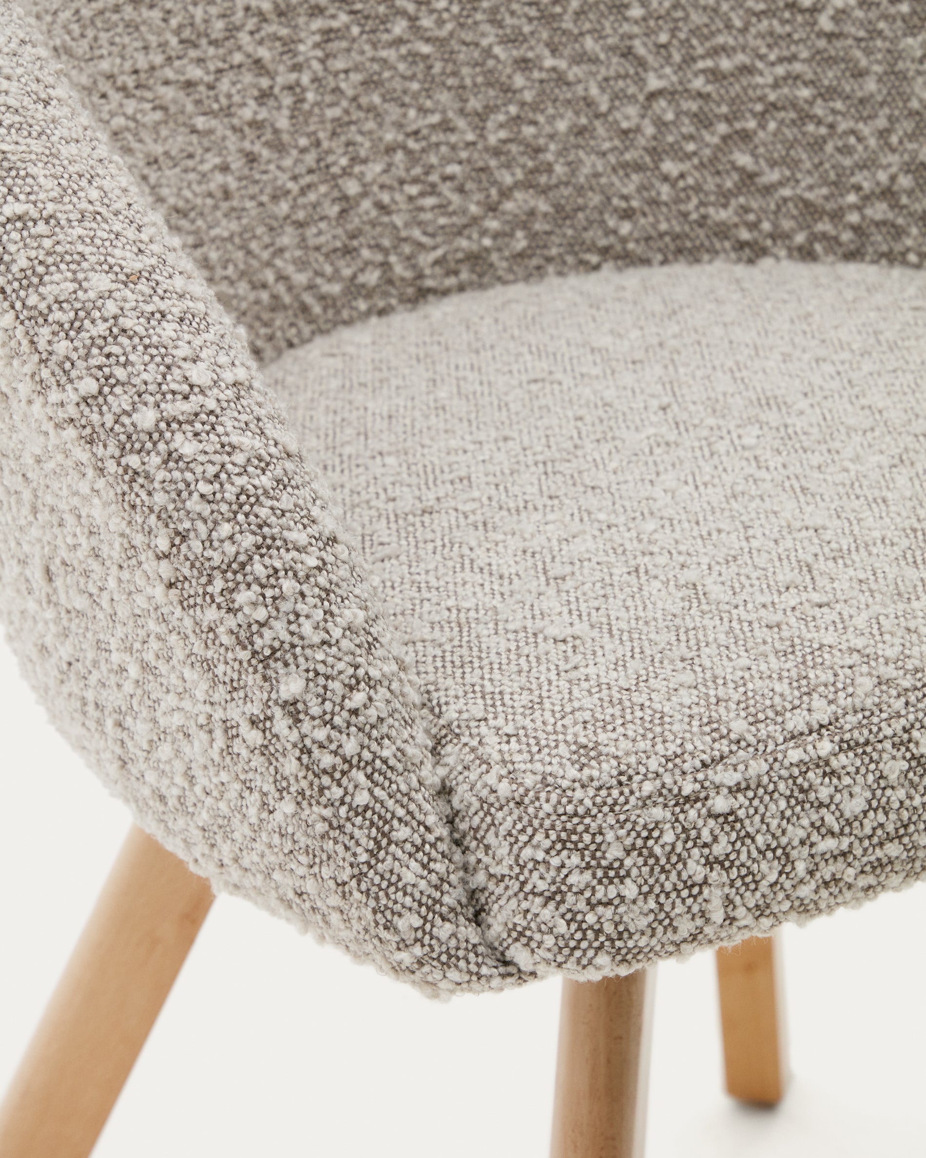 Marvin swivel chair with gray bouclé and natural finish beech wood legs