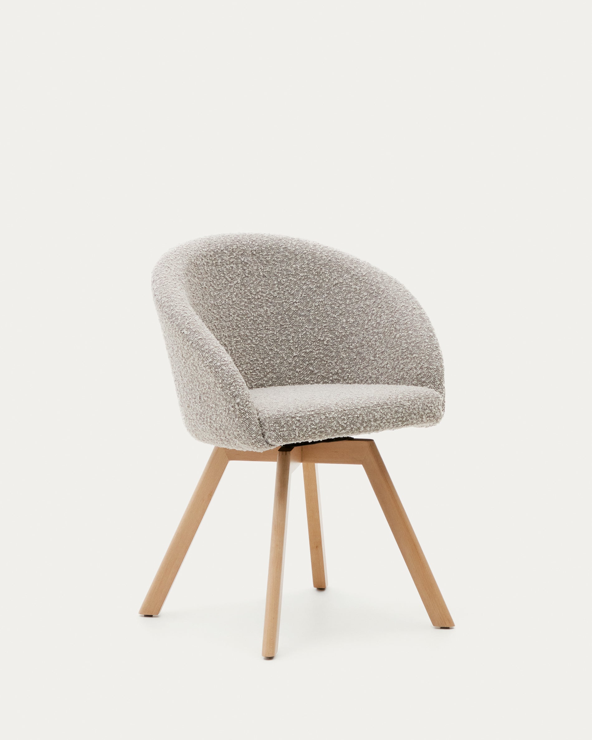 Marvin swivel chair with gray bouclé and natural finish beech wood legs