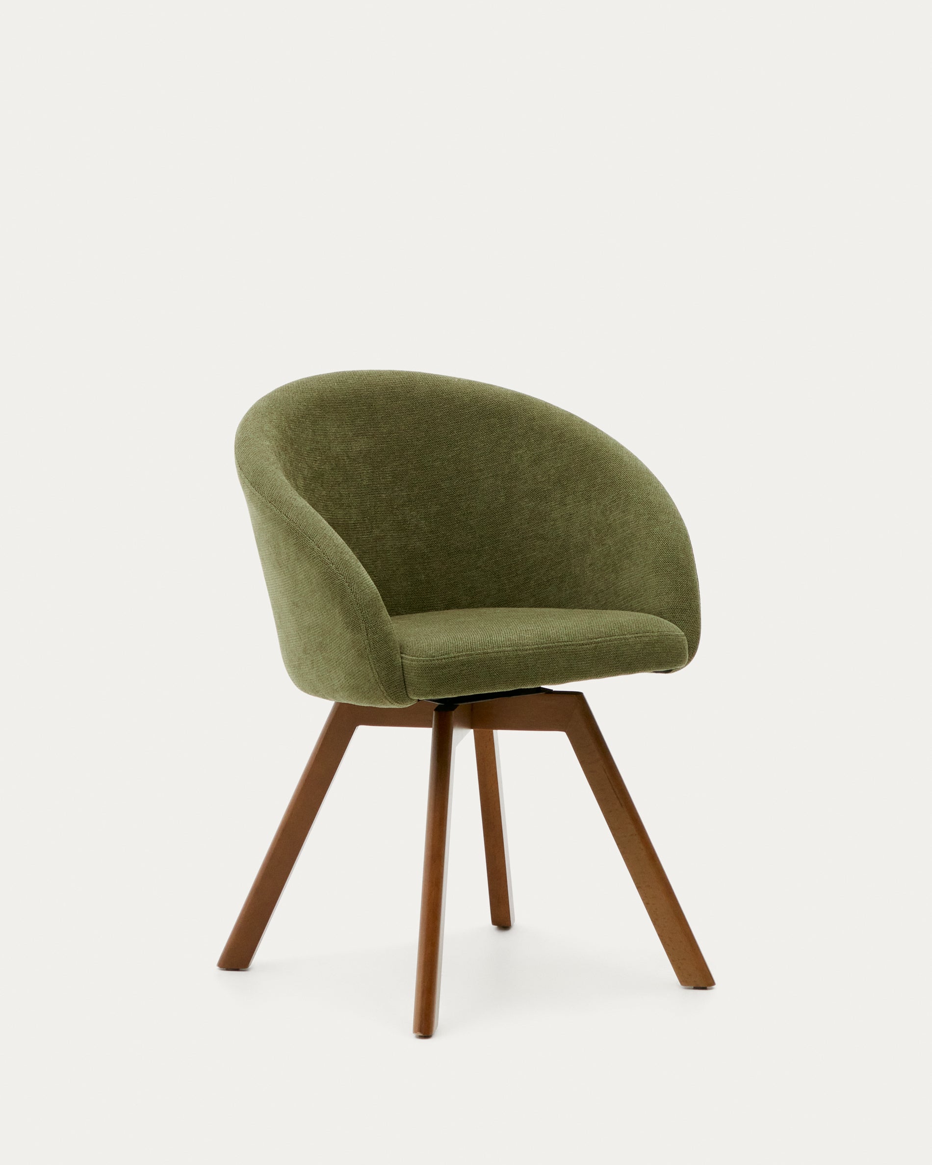 Marvin green chenille swivel chair with solid beech wood legs with walnut finish