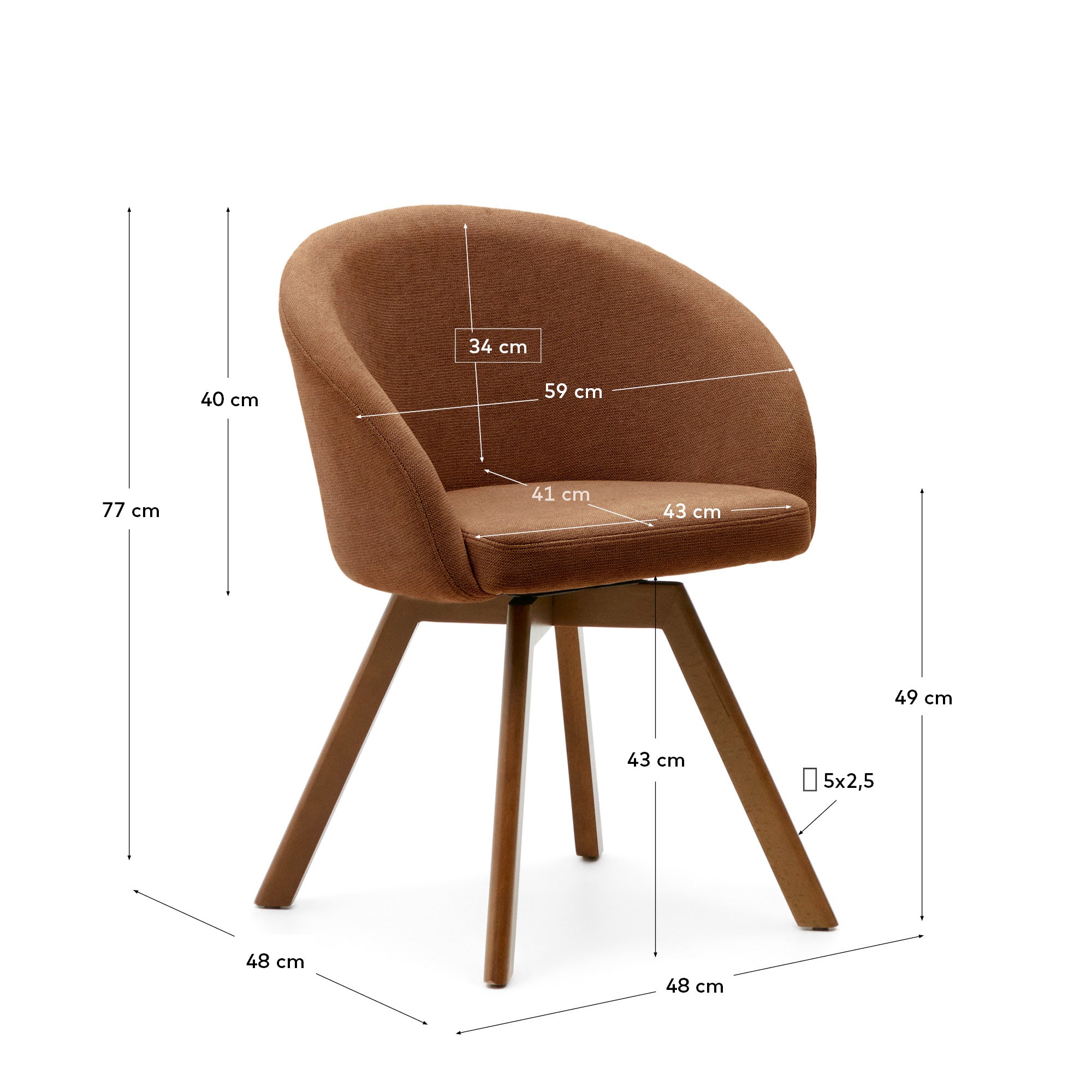 Marvin brown chenille swivel chair with solid beech wood legs with a walnut finish FSC 100% - Measurements
