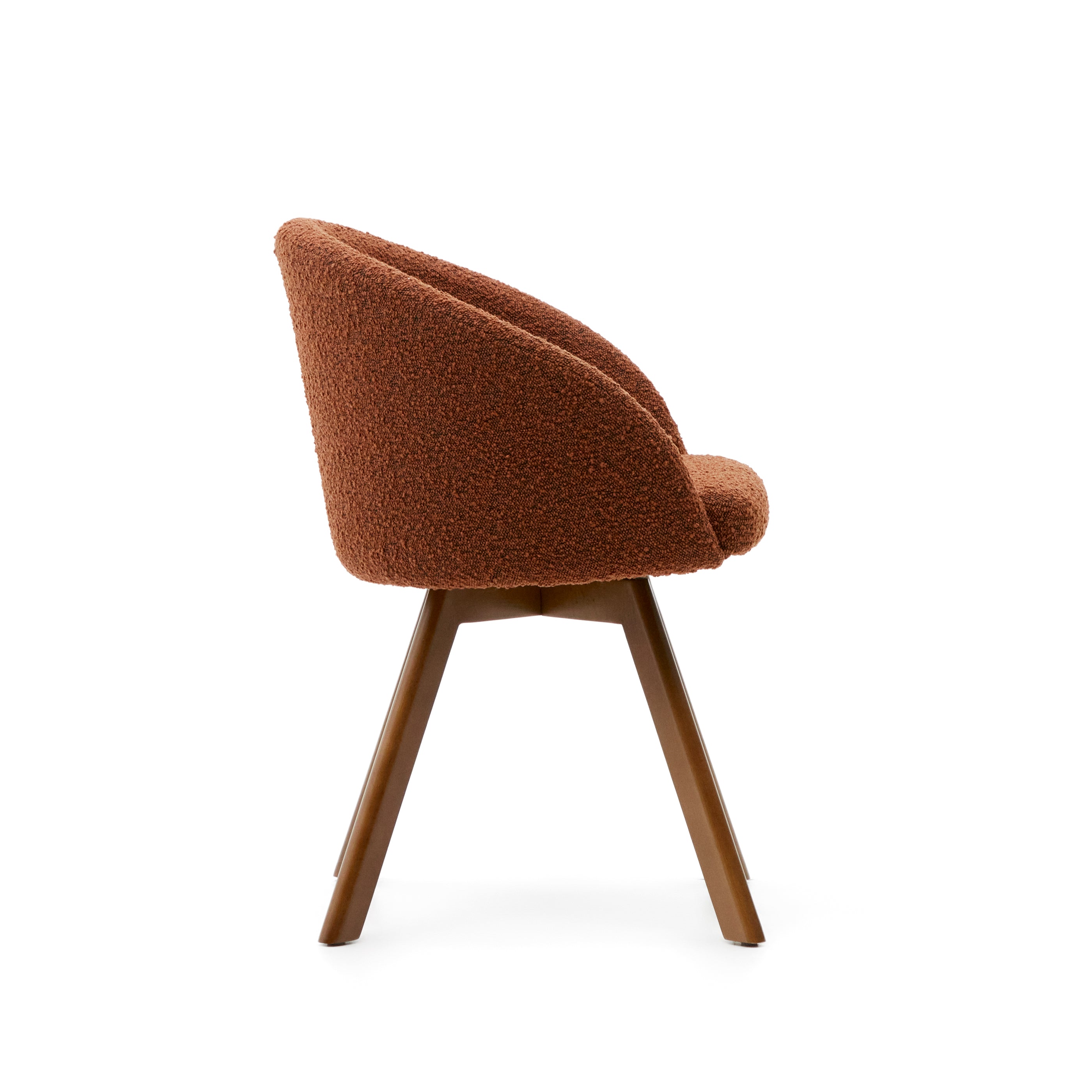 Marvin brown bouclé swivel chair with solid beech wood legs, walnut finish