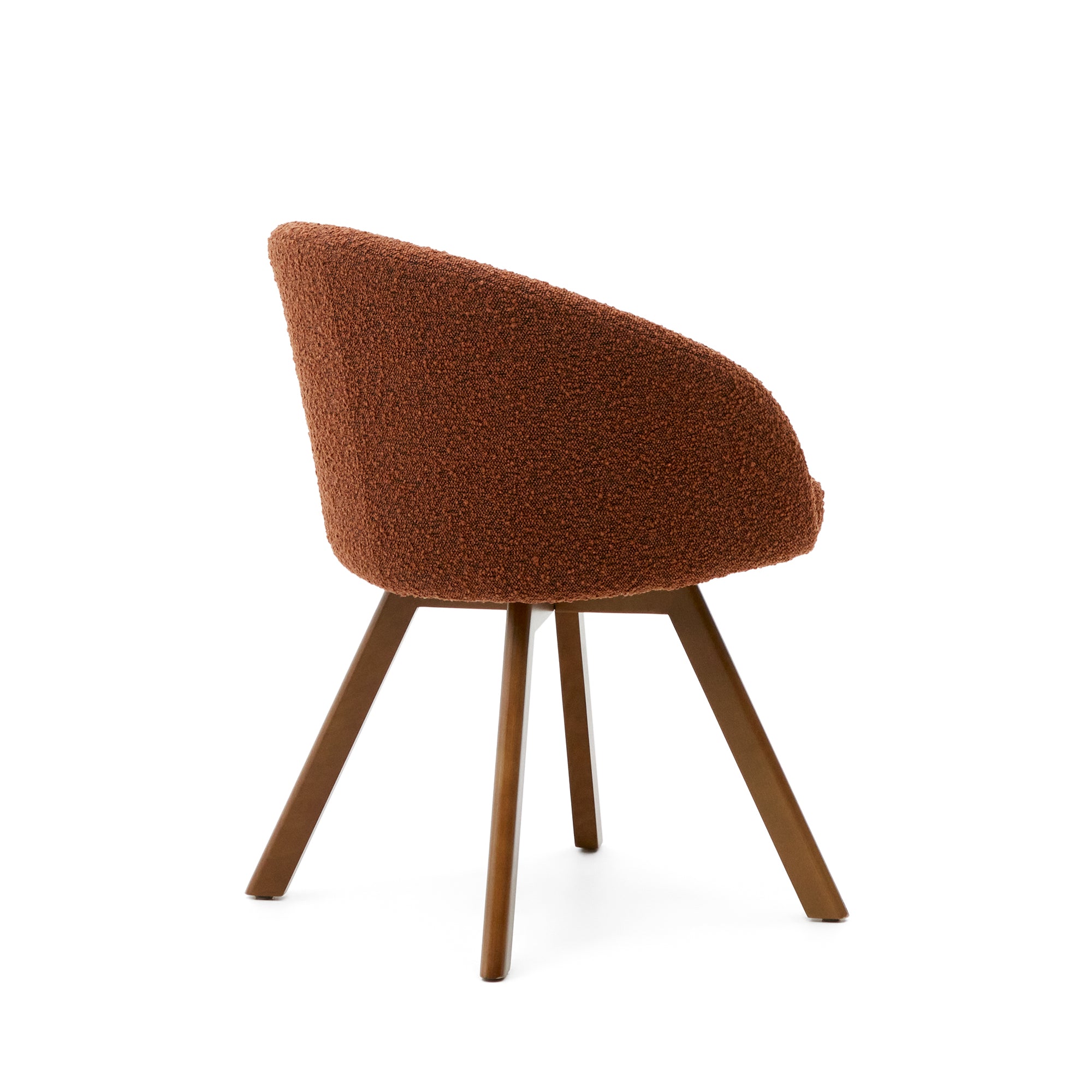 Marvin brown bouclé swivel chair with solid beech wood legs, walnut finish