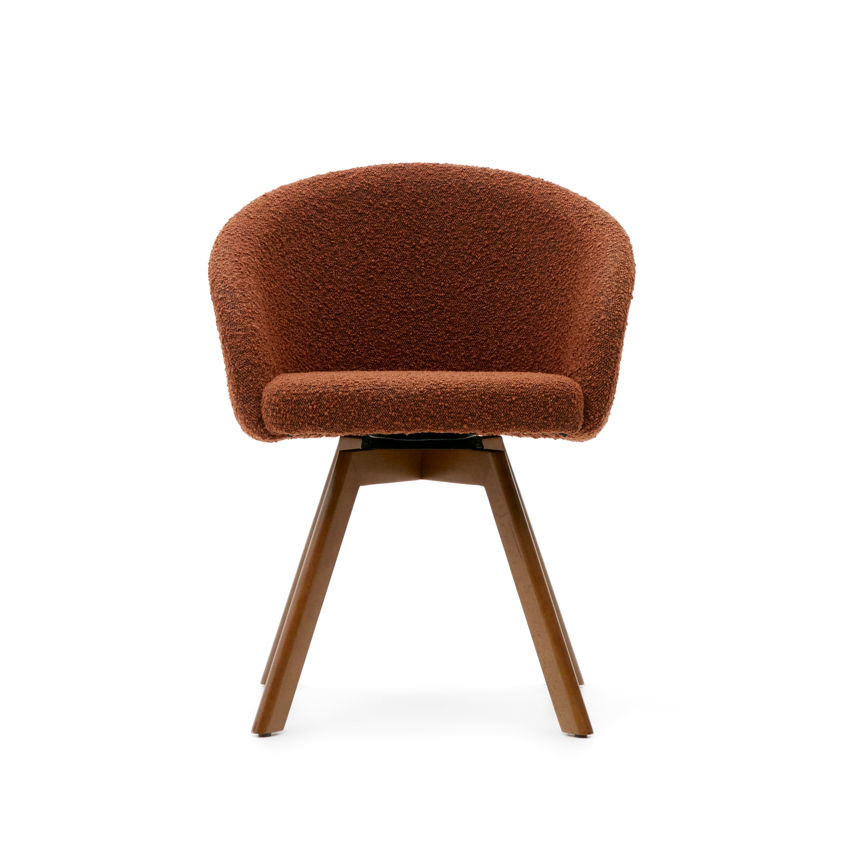 Marvin brown bouclé swivel chair with solid beech wood legs, walnut finish