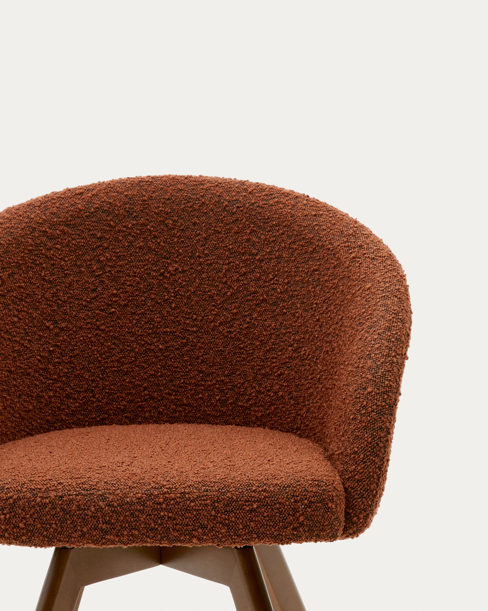 Marvin brown bouclé swivel chair with solid beech wood legs, walnut finish