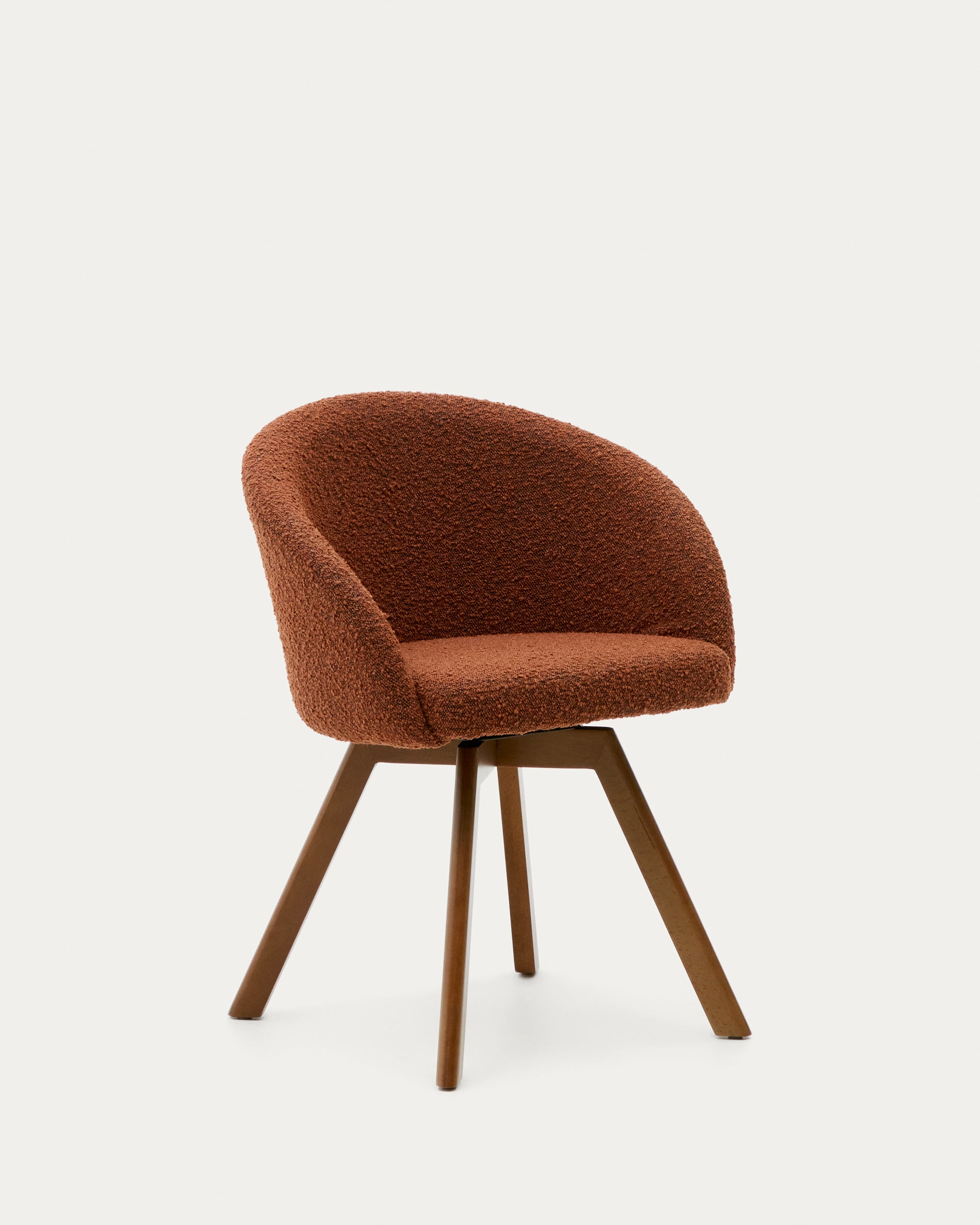 Marvin brown bouclé swivel chair with solid beech wood legs, walnut finish