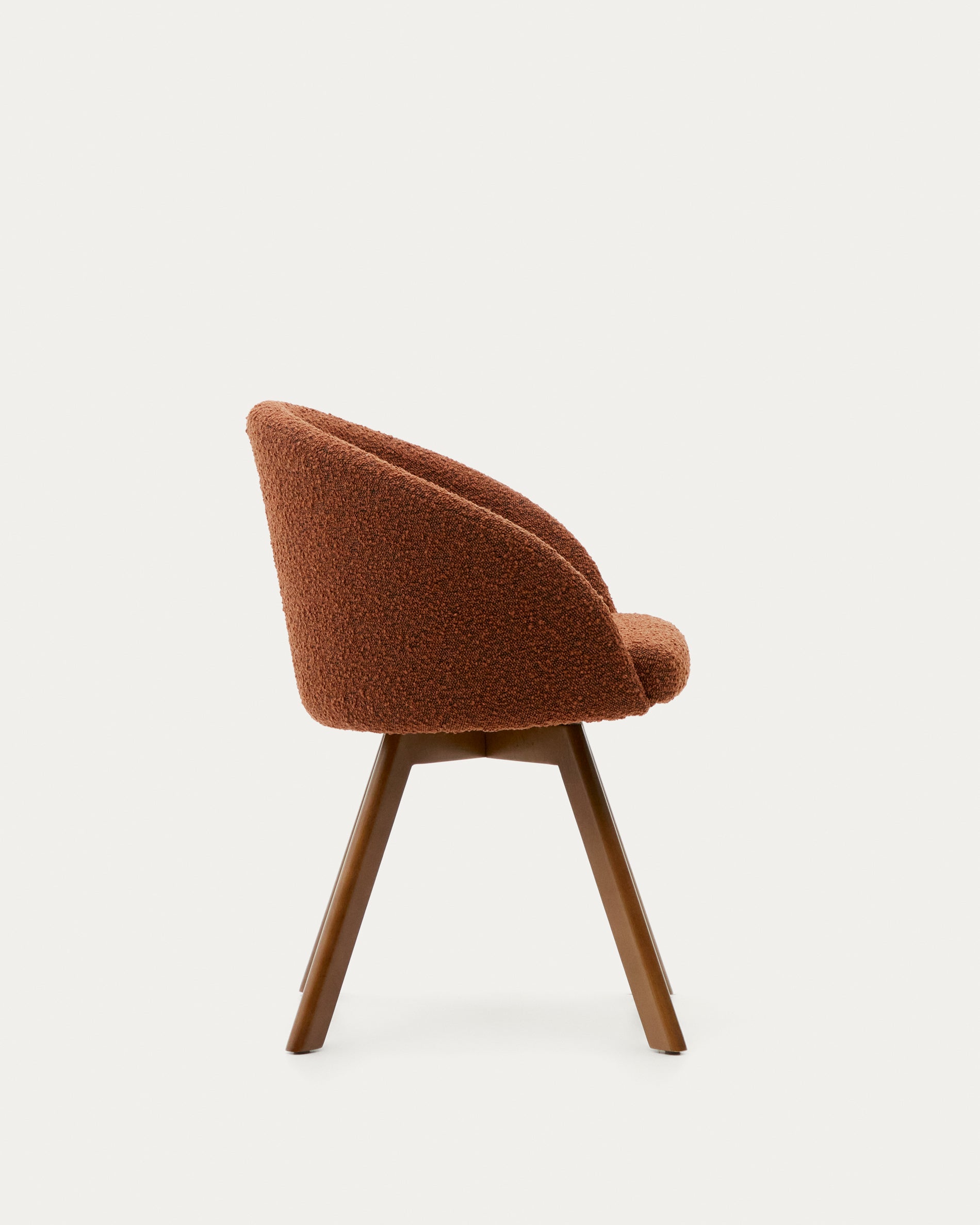 Marvin brown bouclé swivel chair with solid beech wood legs, walnut finish