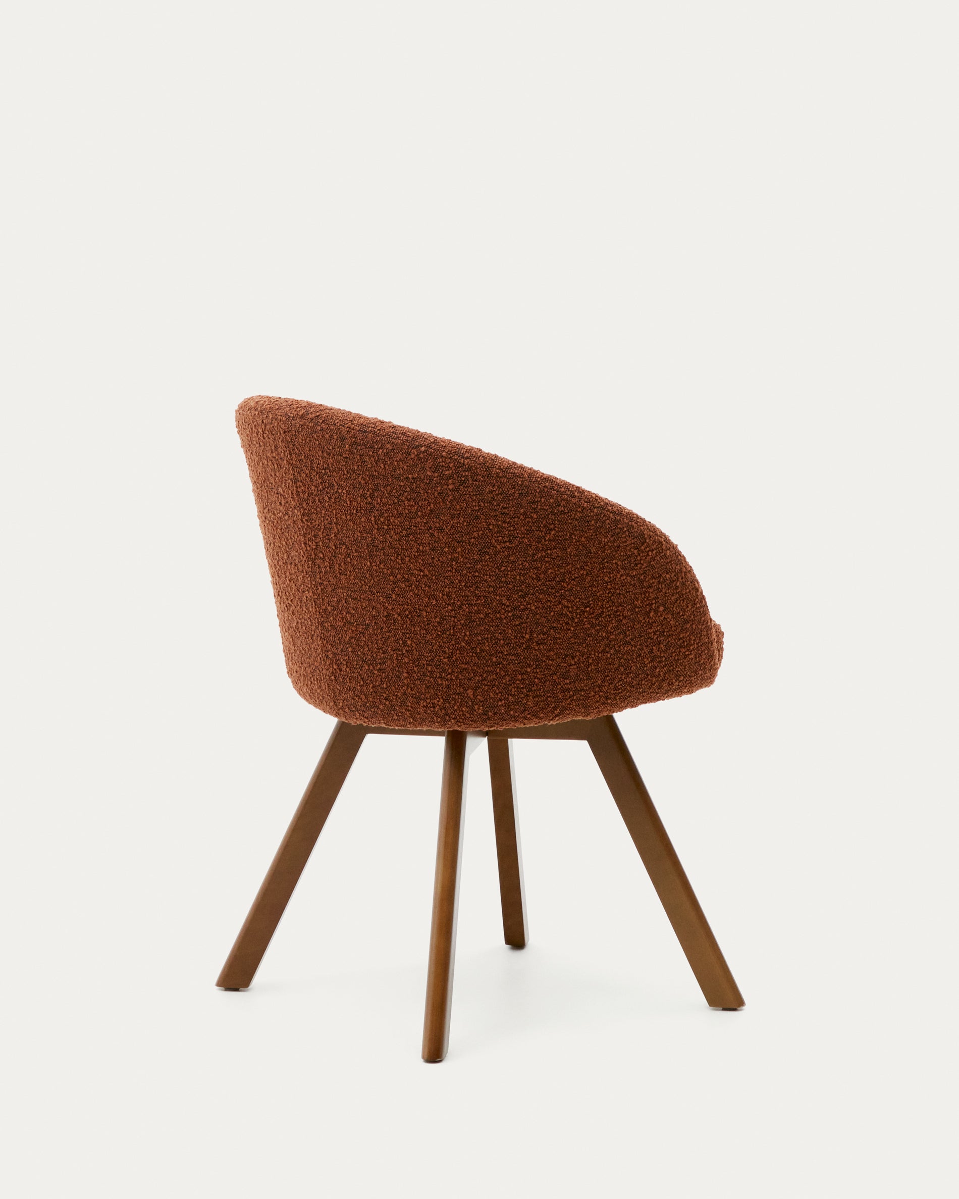 Marvin brown bouclé swivel chair with solid beech wood legs, walnut finish