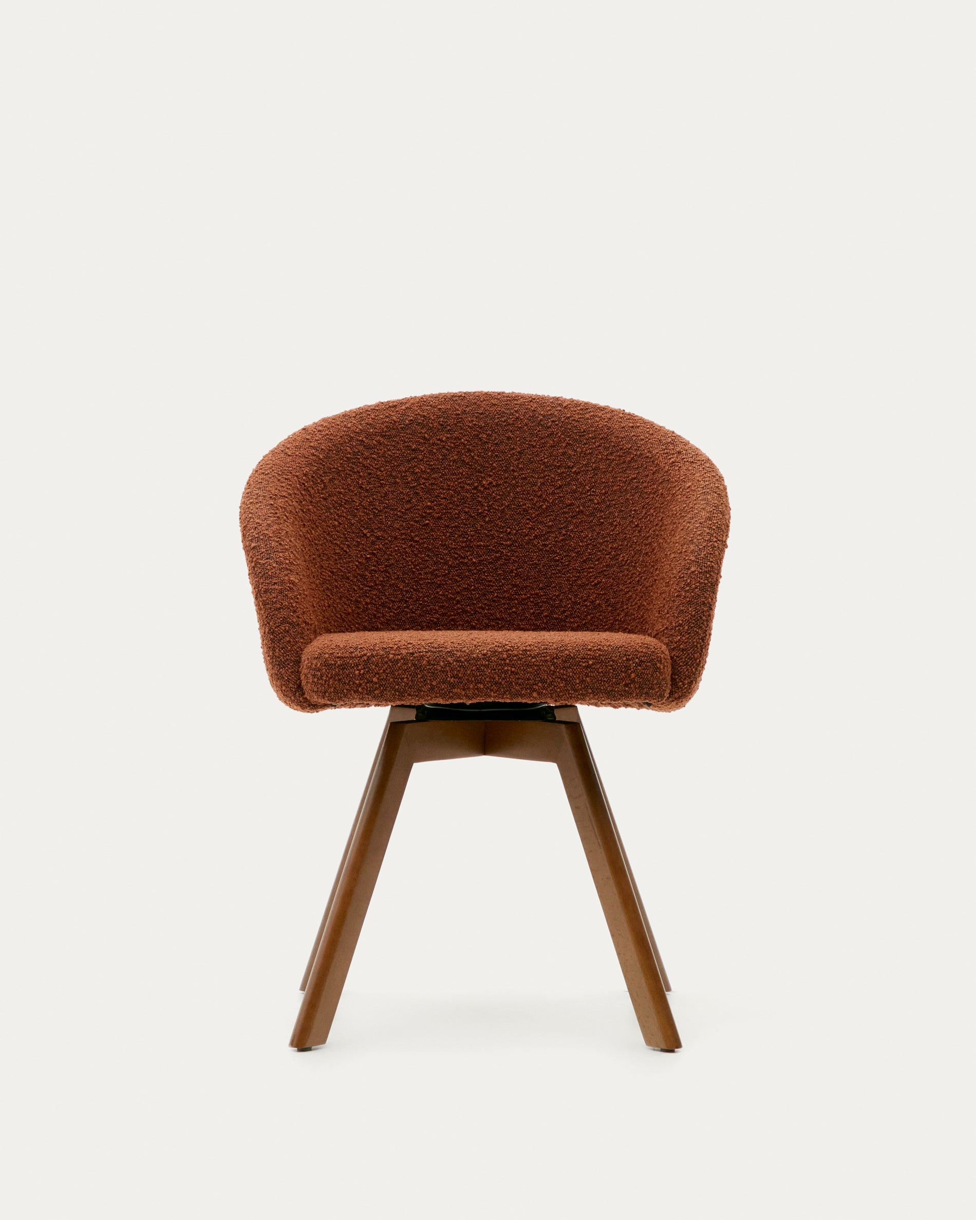 Marvin brown bouclé swivel chair with solid beech wood legs, walnut finish