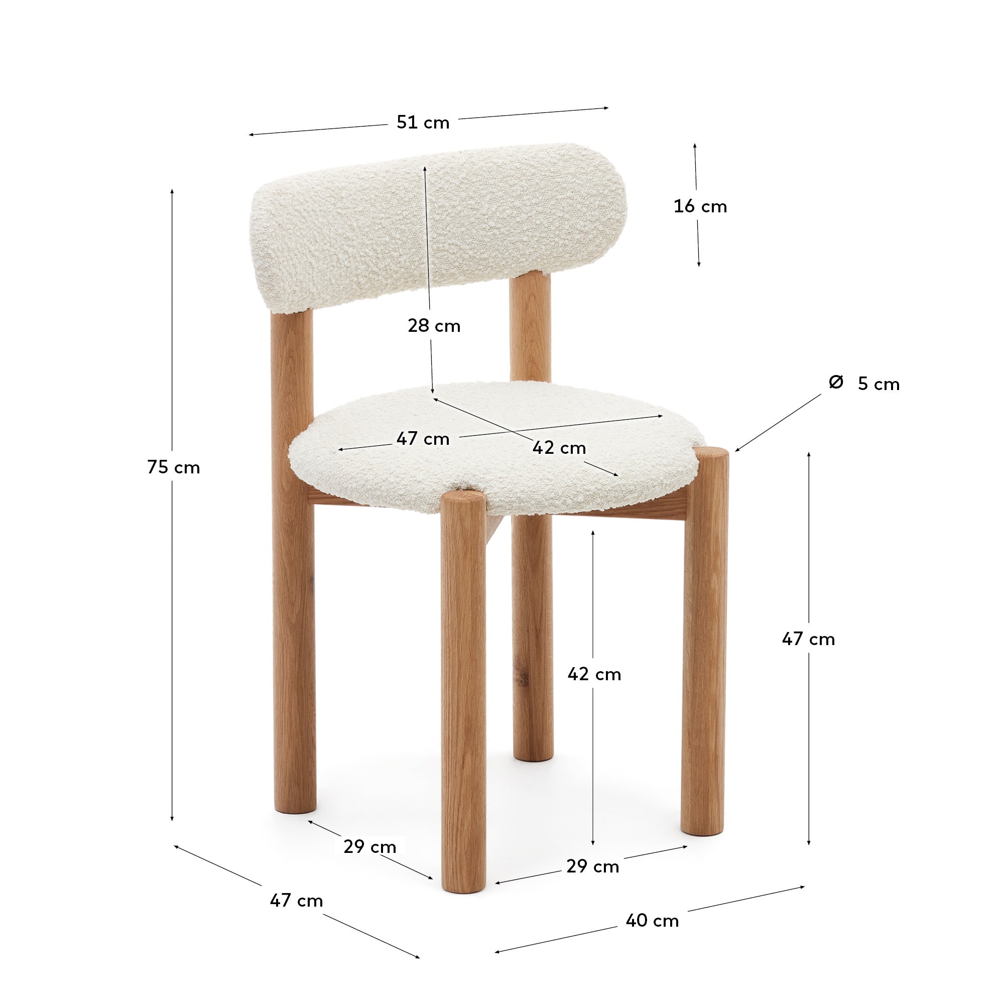 Nebai chair in white bouclé and solid oak wood structure with natural finish - Measurements