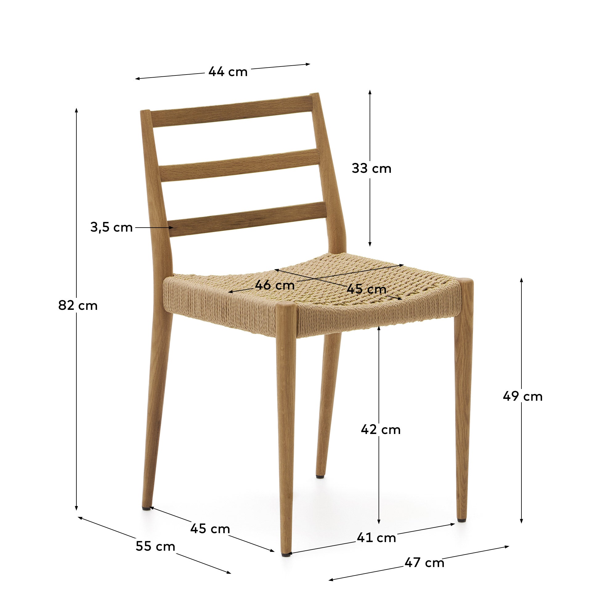 Analy chair in solid oak FSC 100% with natural finish and rope seat - Measurements