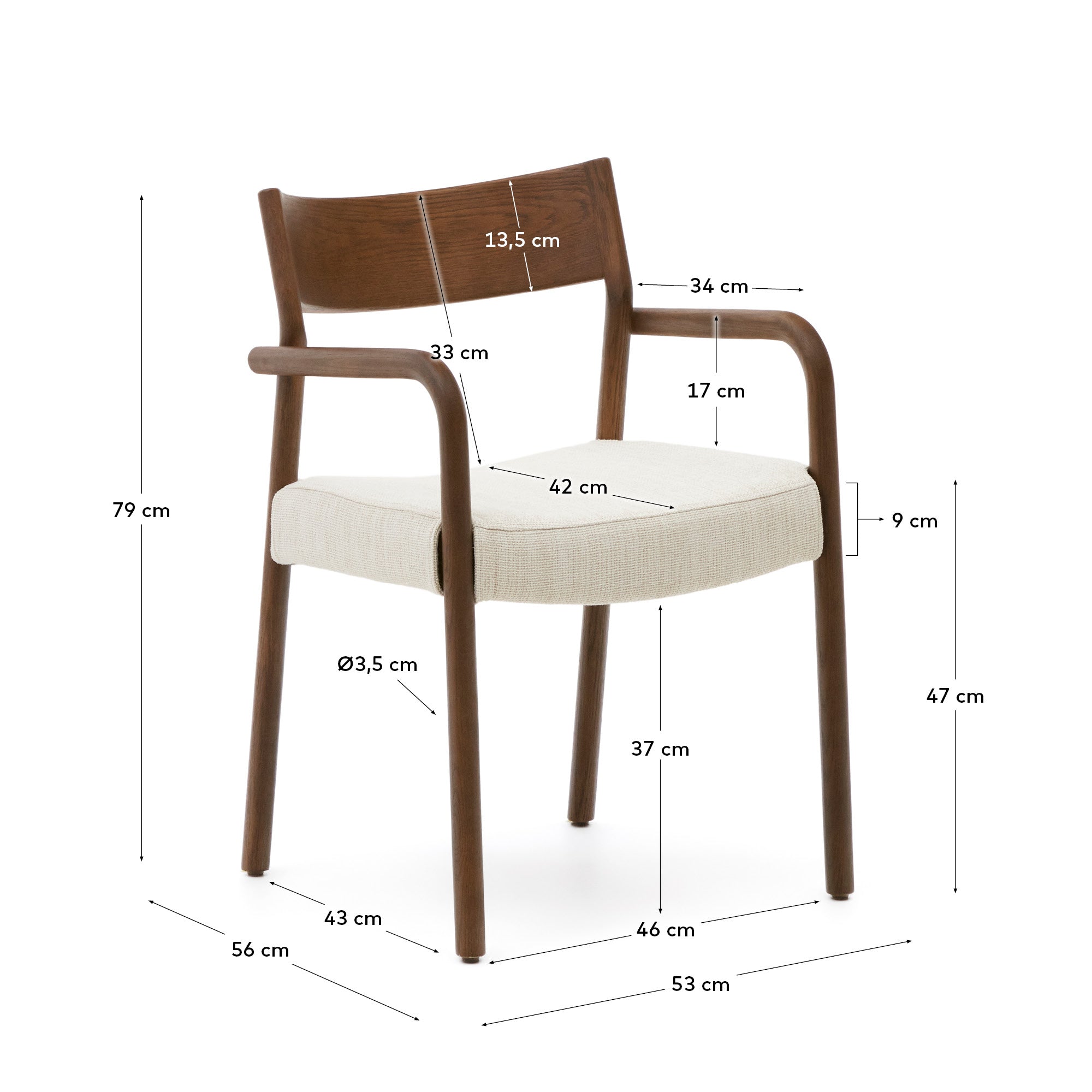 Falconera chair with a removable cover in solid oak wood with walnut finish FSC Mix Credit - Measurements