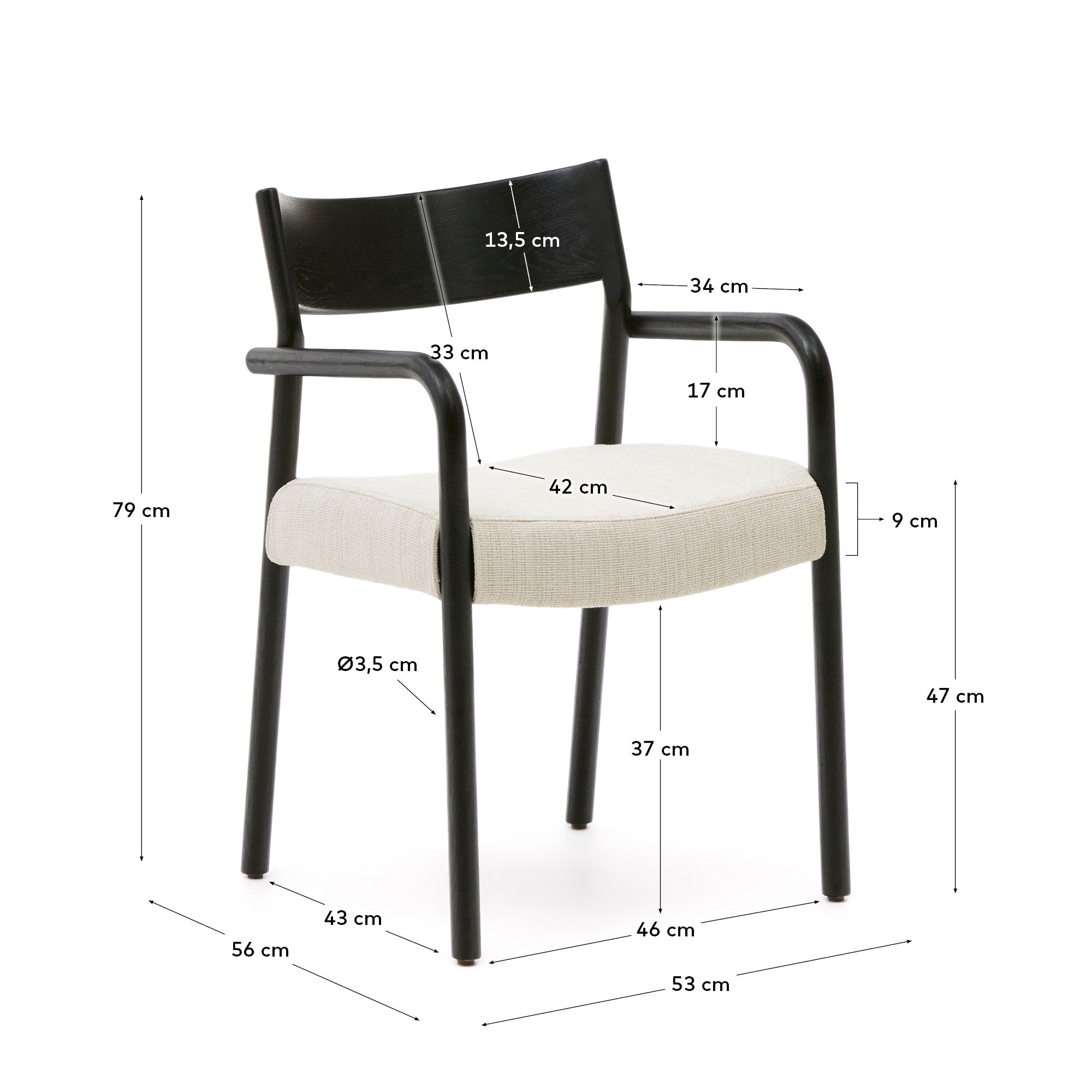 Falconera chair with a removable cover in solid oak wood with black finish FSC Mix Credit - Measurements