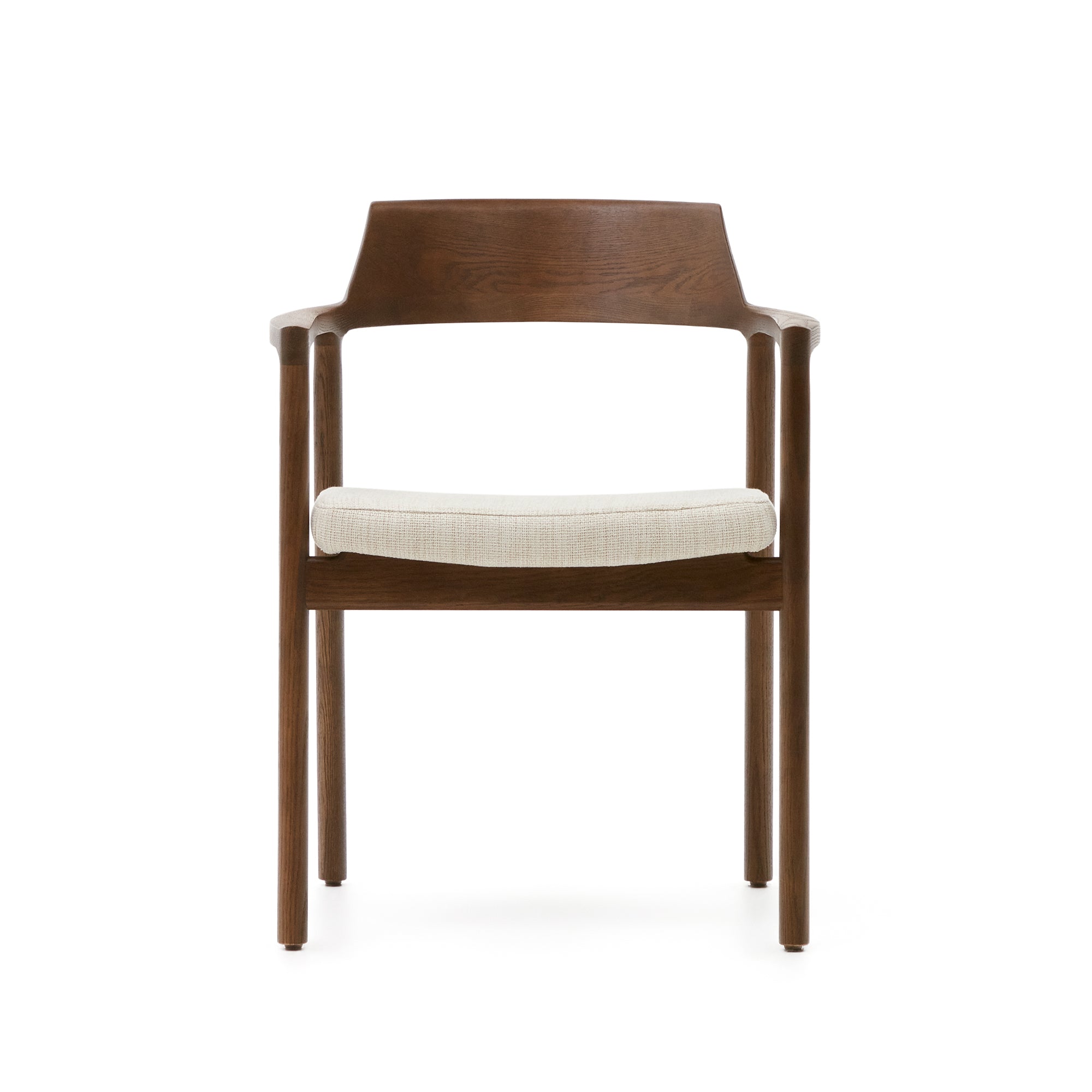 Low chair with removable cover in beige chenille, solid oak walnut finish, FSC Mix Credit