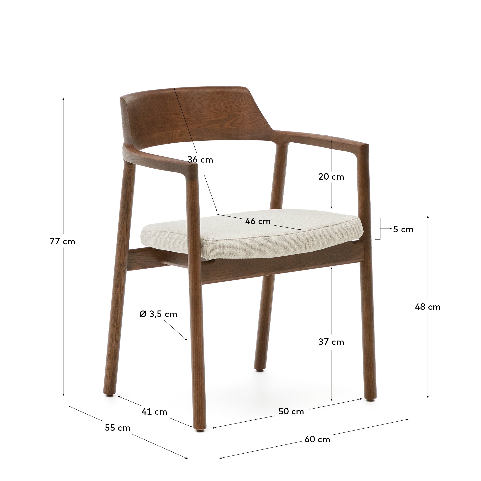 Alocs chair removable cover in beige chenille solid oak wood walnut finish FSC Mix Credit - Measurements