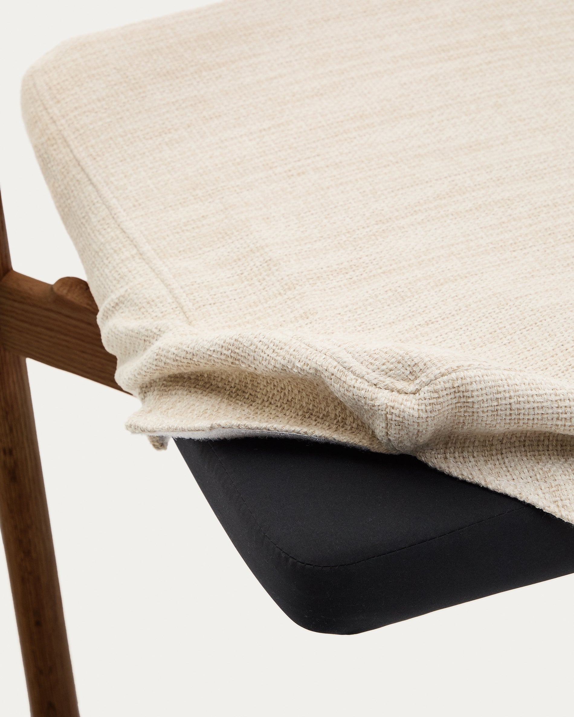 Alocs chair removable cover in beige chenille solid oak wood walnut finish FSC Mix Credit - Detail